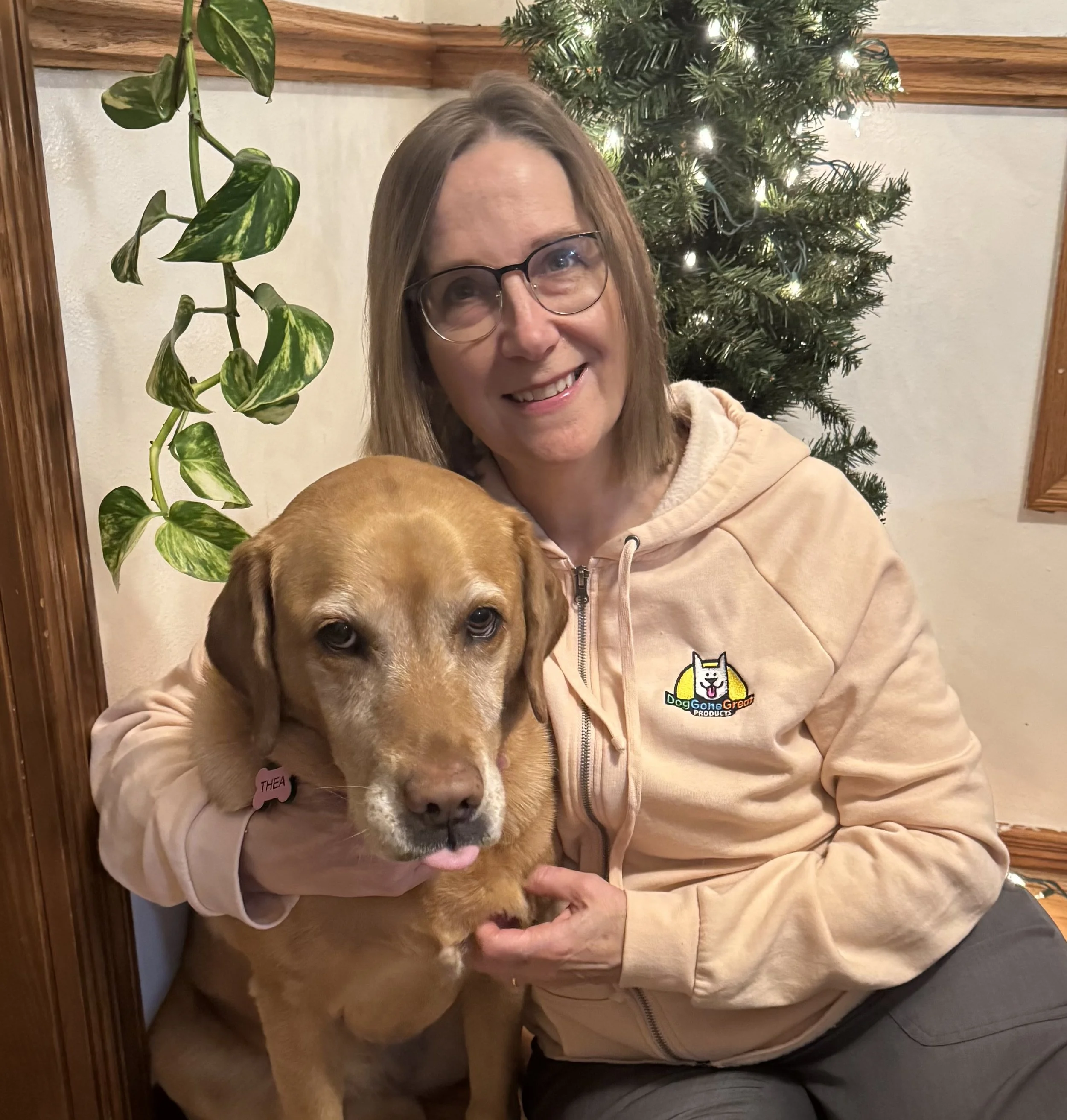 A woman with glasses and a peach hoodie with a dog logo, holding a brown dog with a tag that says 'Thea'. They are sitting in a room with a decorated Christmas tree and a houseplant.