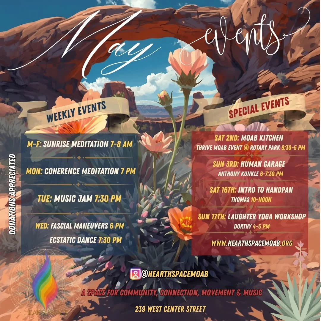 A new month. A fresh rhythm. 🌿

May at Hearthspace invites you into presence, play, and connection.

Start your mornings in stillness. Move your body in freedom. Find your people in shared space.

From meditation to music&hellip; from laughter to de