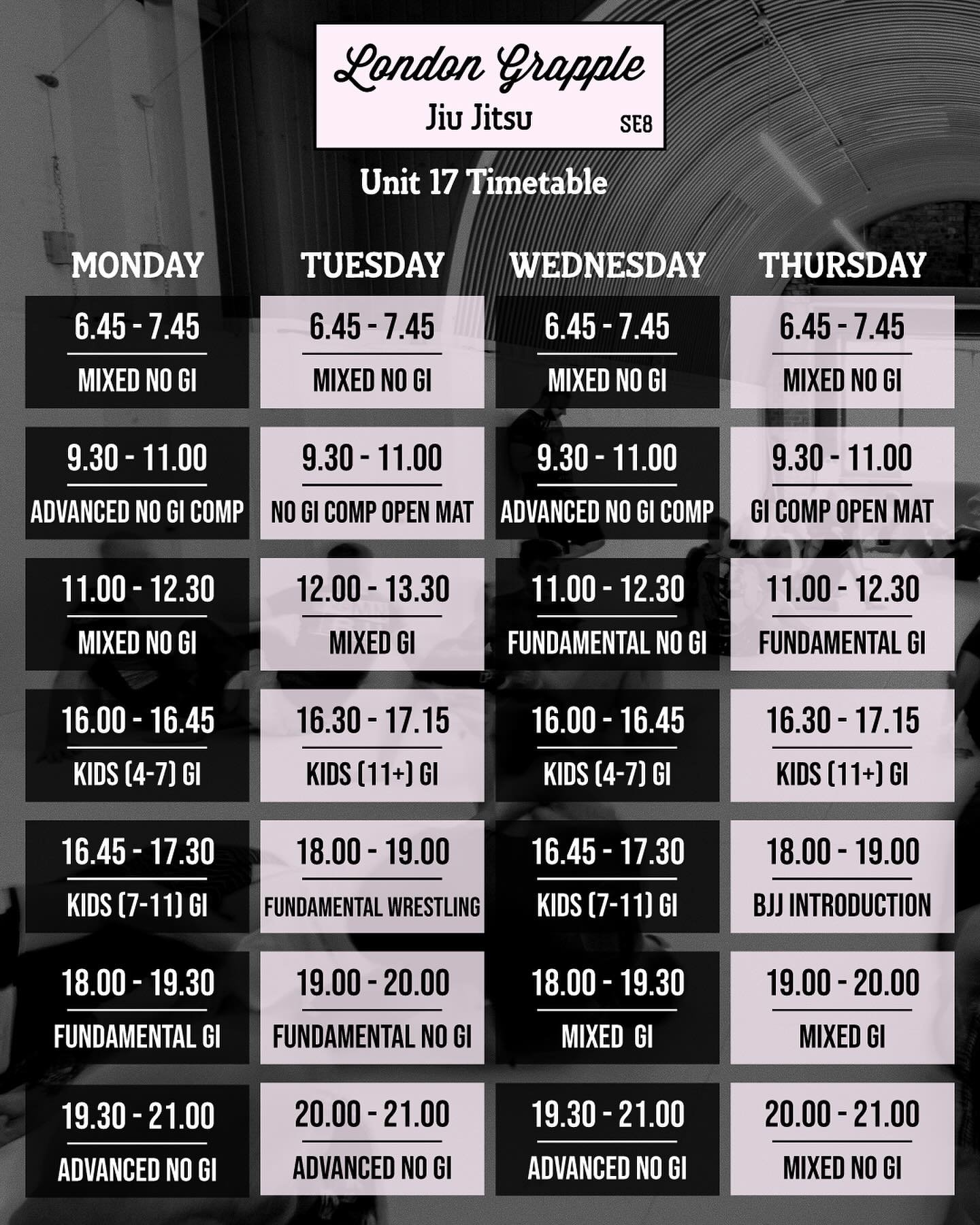 Unit 17 (Mat 1) Timetable❗️

New timetable is live from 07/05 💪

#bjj #wrestling #mma #muaythai #grappling