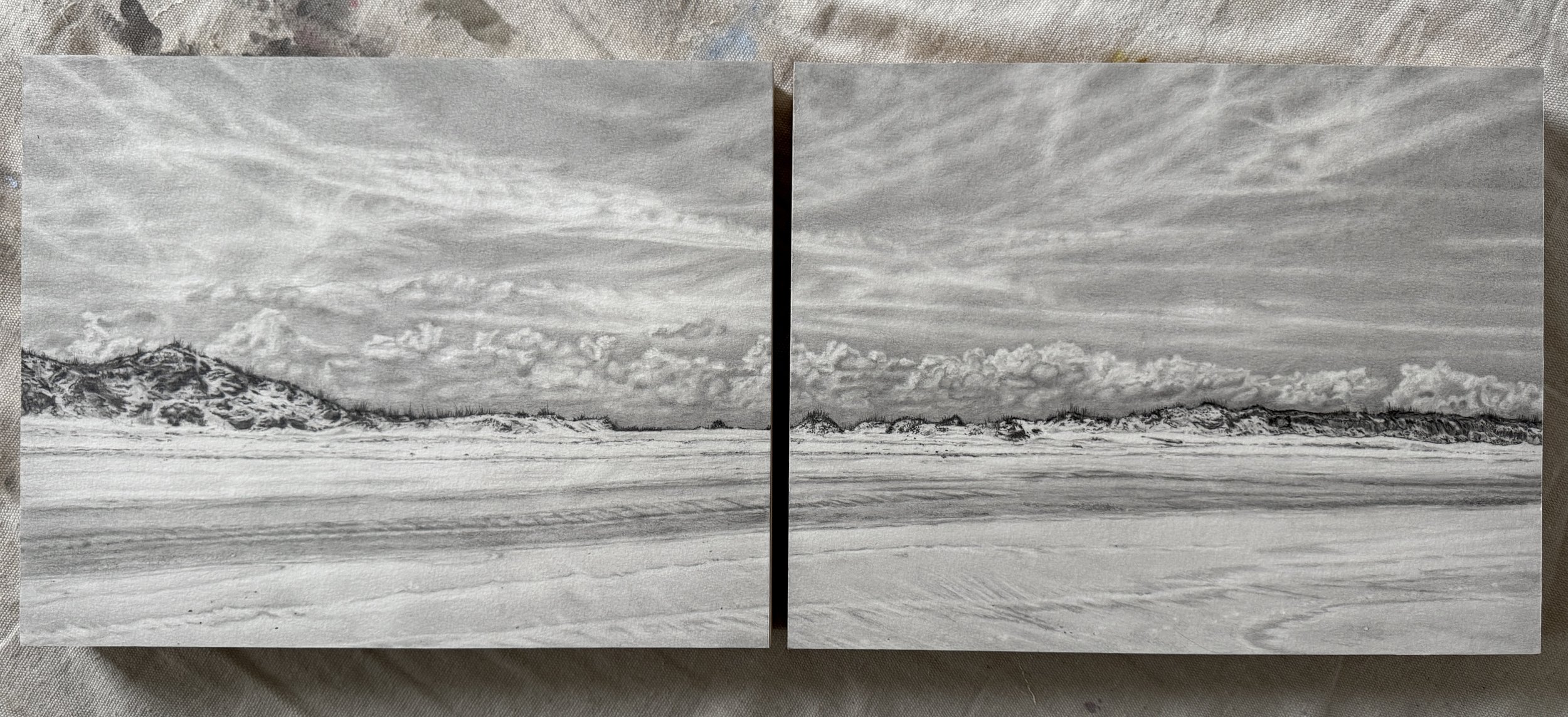 “Fade”, 11in x28in diptych, Graphite on paper mounted to panel, 2025, $875