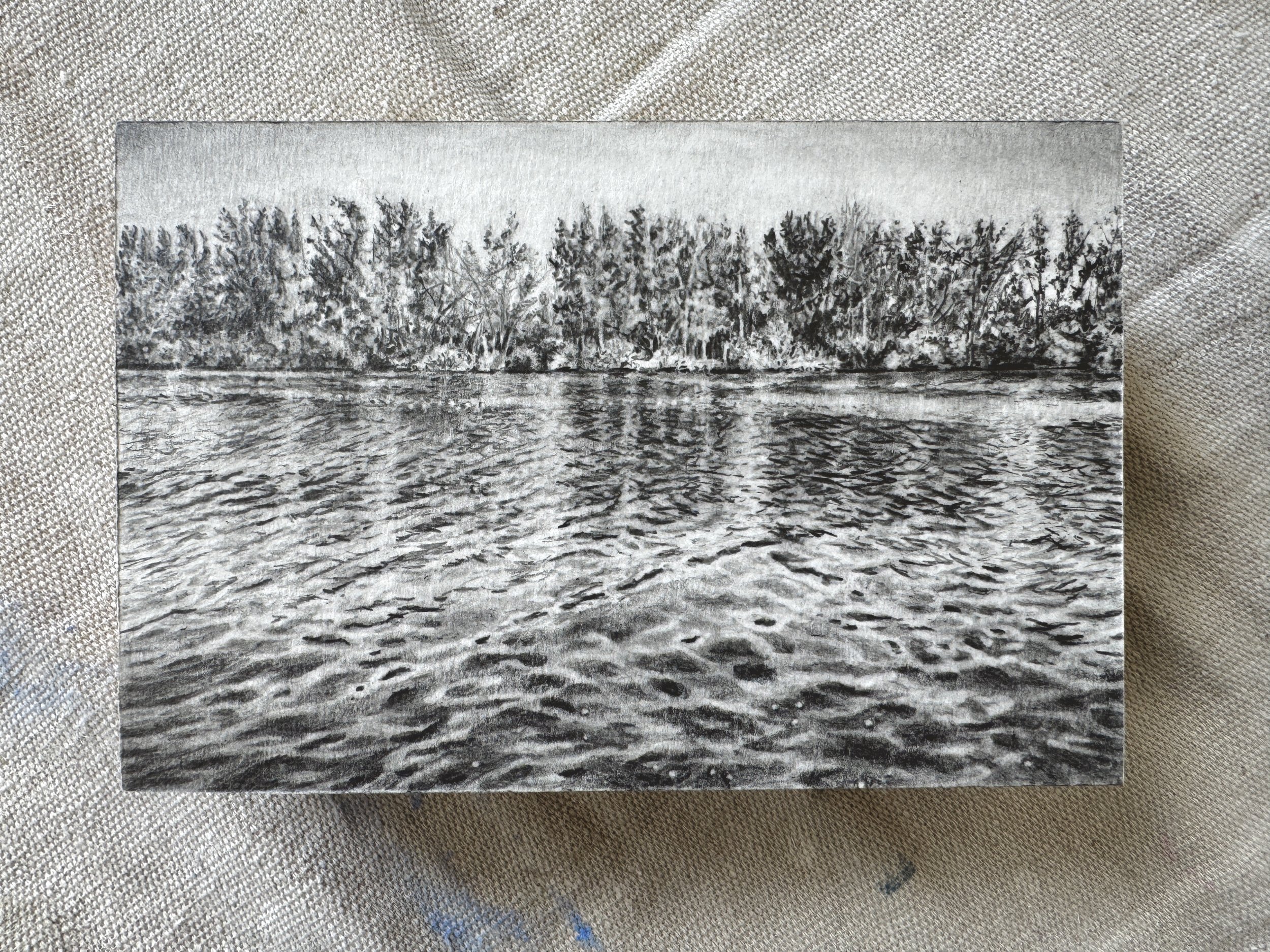 “Ripple, Tidal”, 4in x 6in, Graphite on paper mounted to panel, 2024, $95