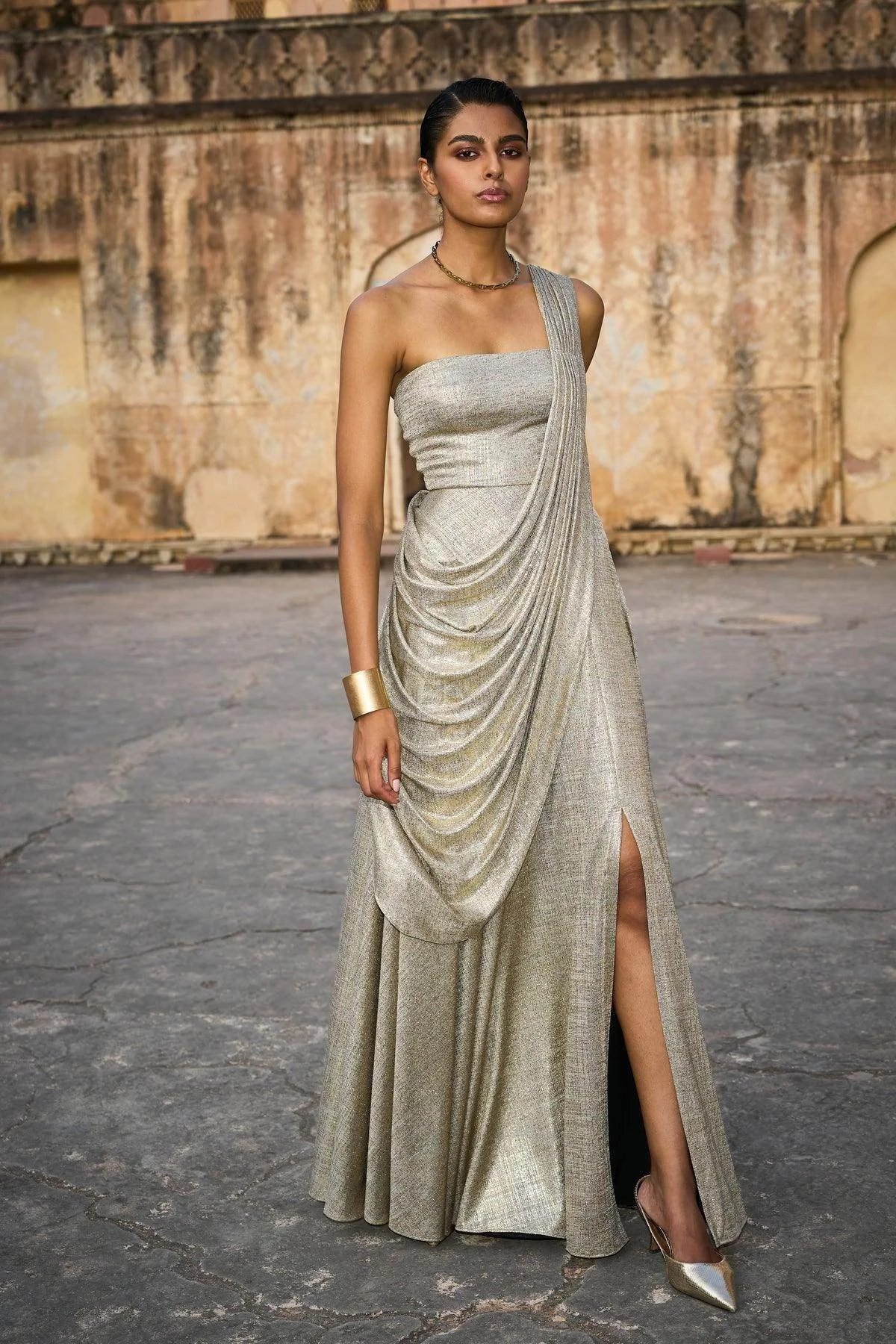 Gold Saree Drape Gown [S]