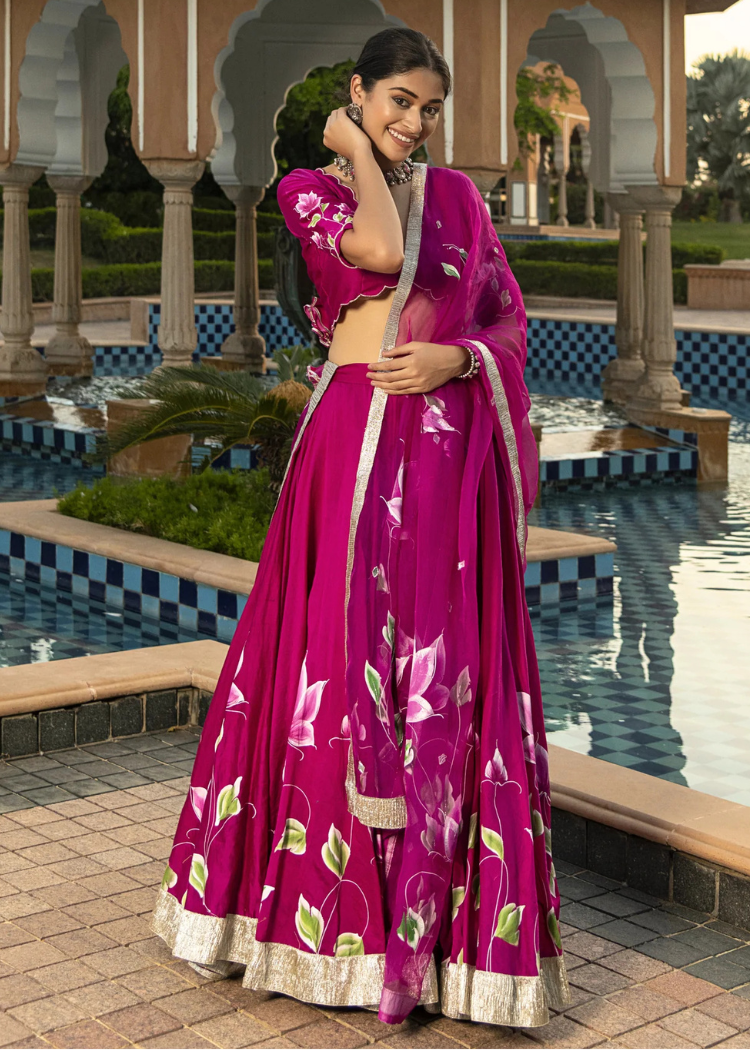 Magenta Handpainted Lehenga