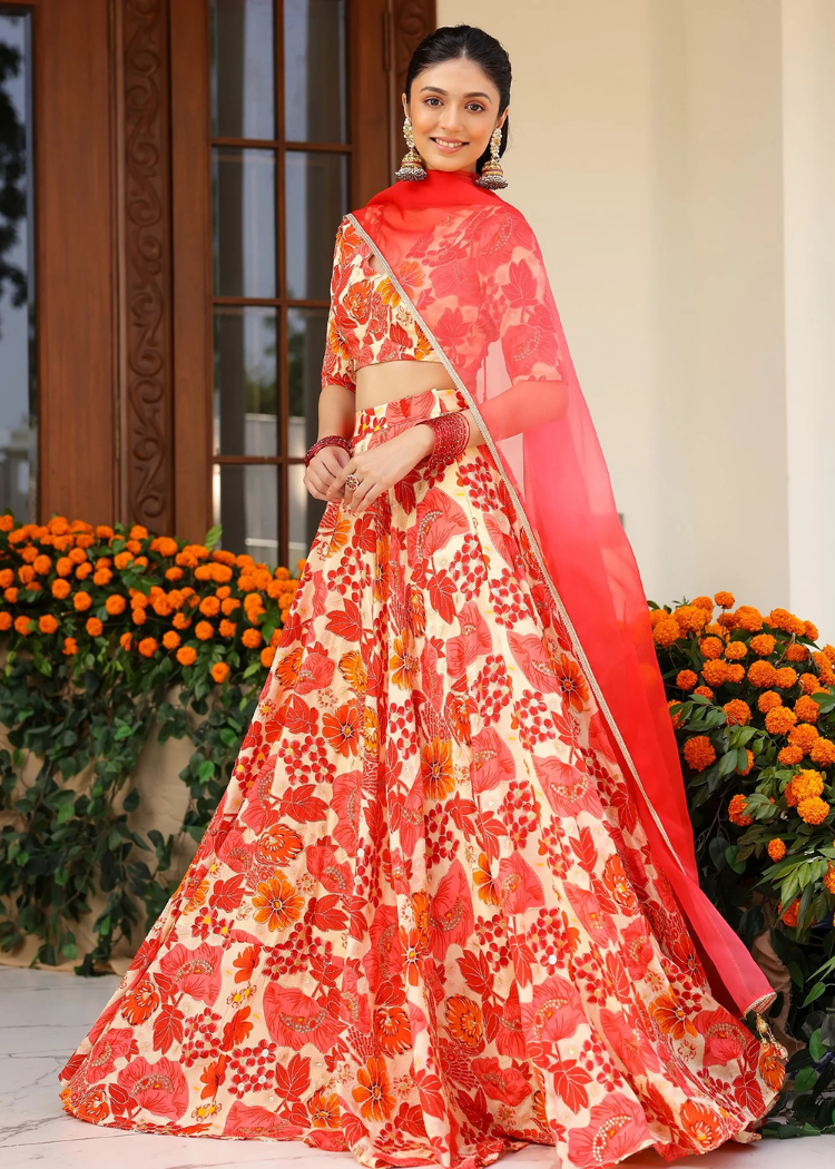 Orange Floral Lehenga