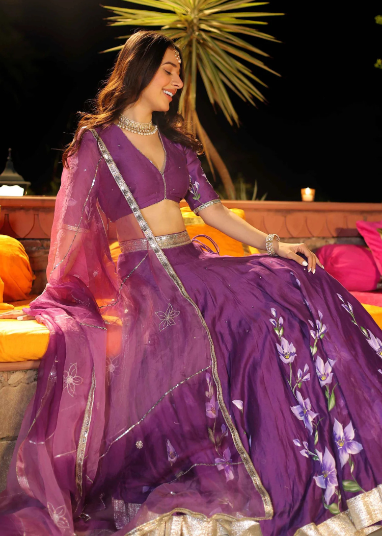 Purple Handpainted Lehenga