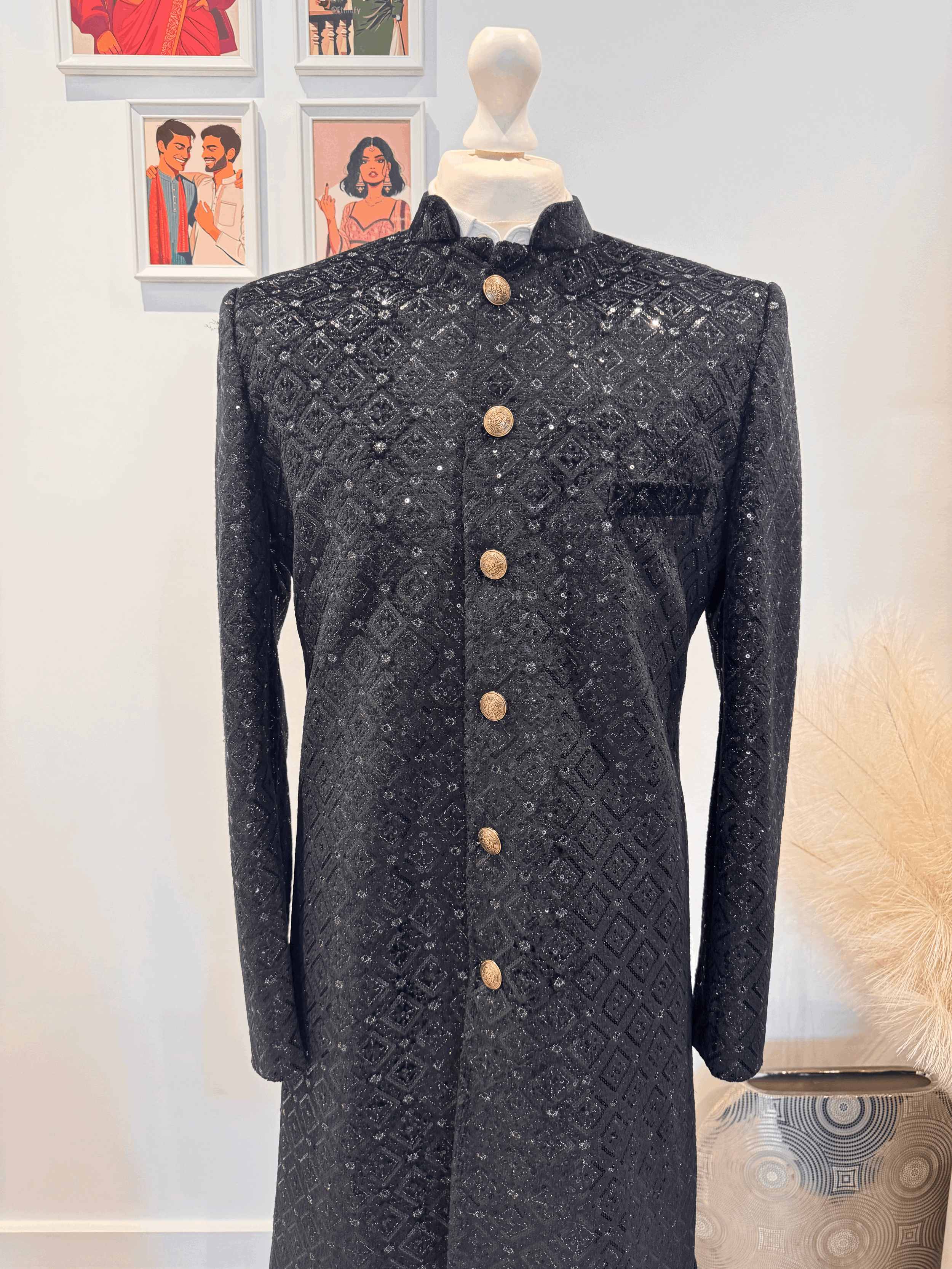 Black Sequin Sherwani [L/42]