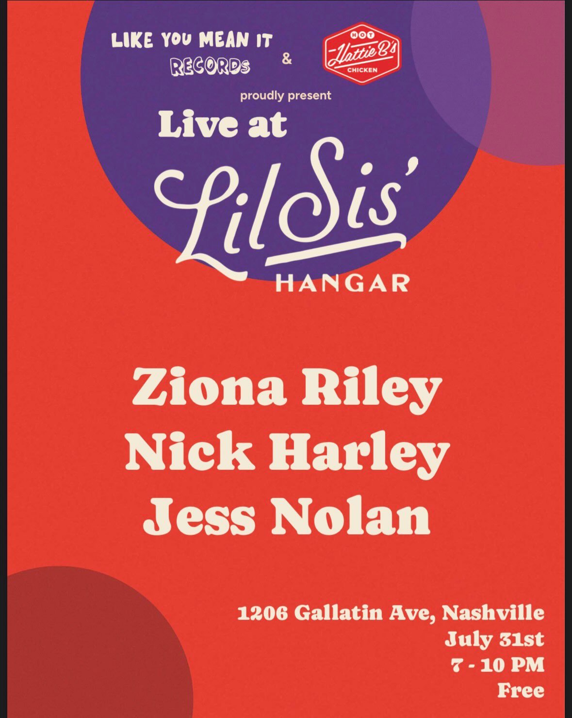 We&rsquo;re through the dang roof to be teaming up with @hattiebs to host a show July 31 at their new bar, the #LilSisHangar, located in the Quonset Hut directly behind their new East Nashville location. Come hang for a FREE night of music, drinks, &