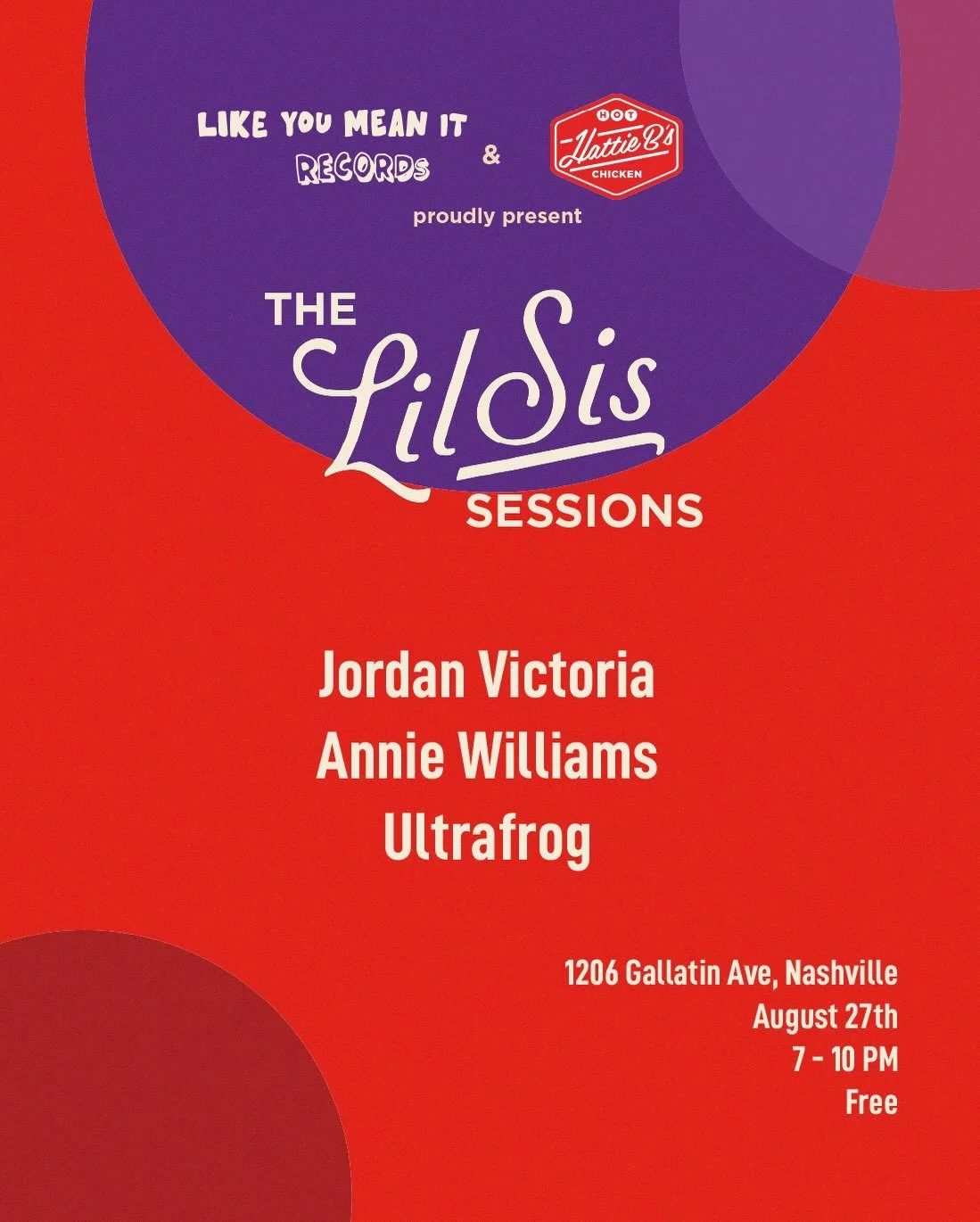 We&rsquo;re running it back with @hattiebs to host a show August 27 at their new bar, the #LilSisHangar, located in the Quonset Hut directly behind their new East Nashville location. Come hang for a FREE night of music, drinks, &amp; hot chicken, fea