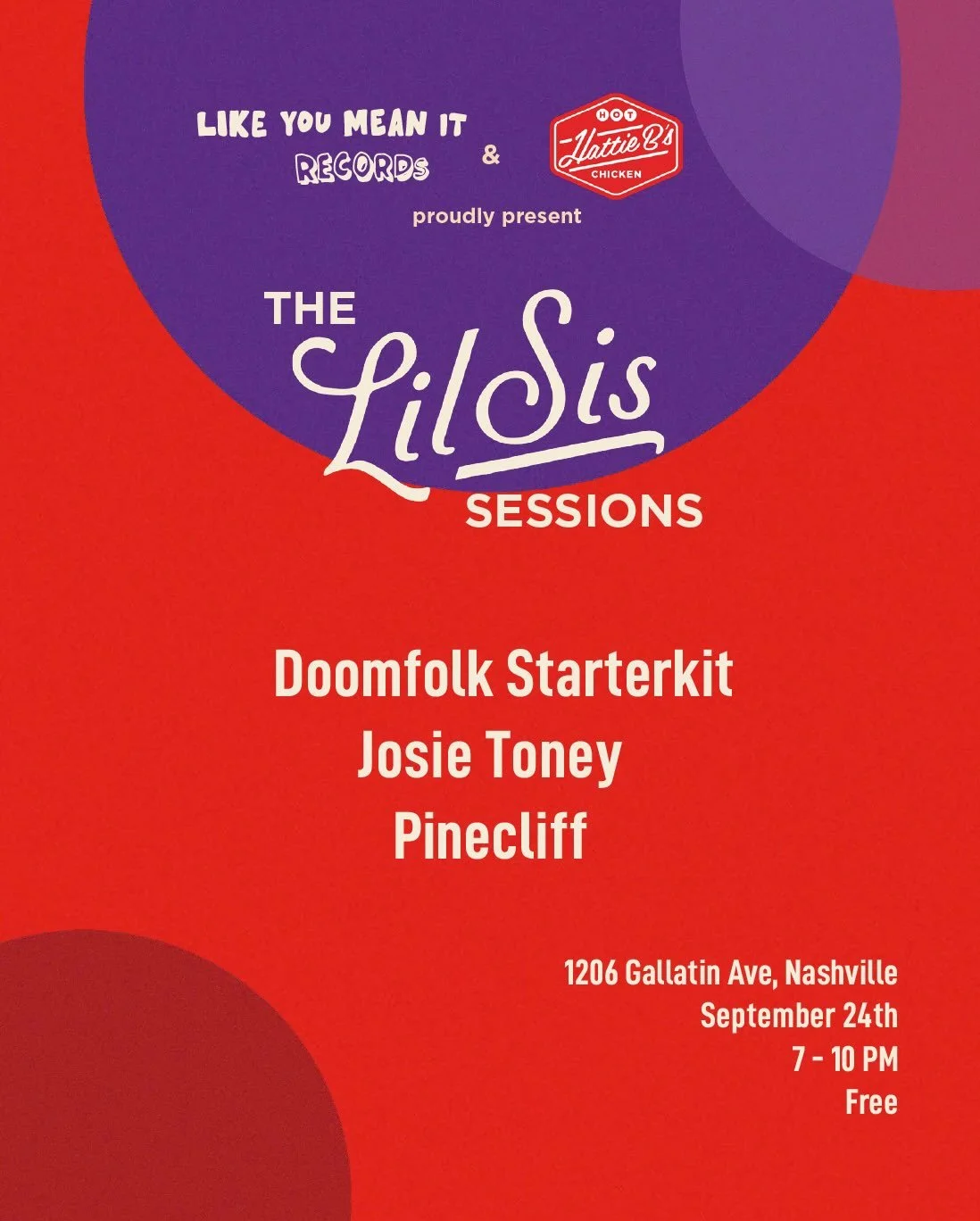 🚨SHOW ALERT🚨We&rsquo;re running it back at @hattiebs East Side this Thursday, Sept 24, with FREE performances from @josierigatoni @doomfolkstarterkit &amp; @pineclifftheband. Come hang out, eat some chicken, drink some drinks, and listen to some ga
