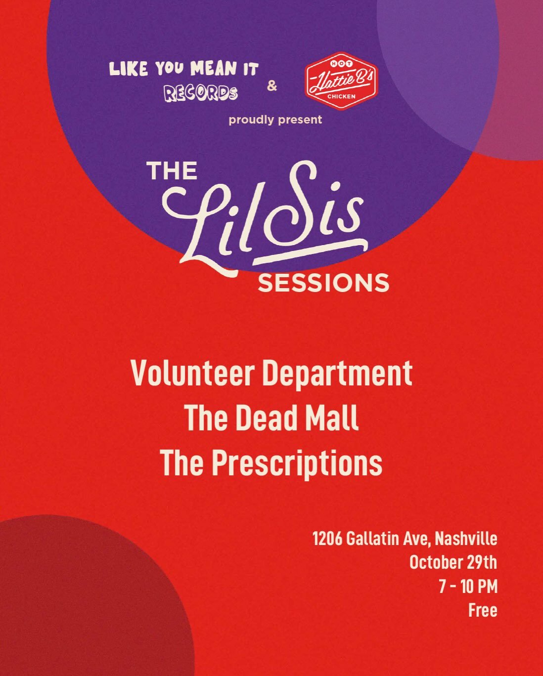 🚨SHOW ALERT🚨 Join us next Thursday, 10/29 at @hattiebs East Nashville location for our next Lil&rsquo; Sis Session featuring @the_dead_mall @volunteerdepartment1000 (solo) &amp; @theprescriptions (solo). FREE!! Music from 7-10. See you there<3