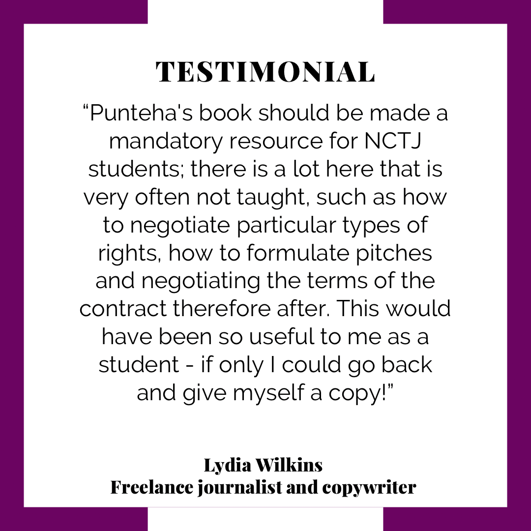 Freelance journalist and copywriter testimonial. Black text on white background in purple frame.