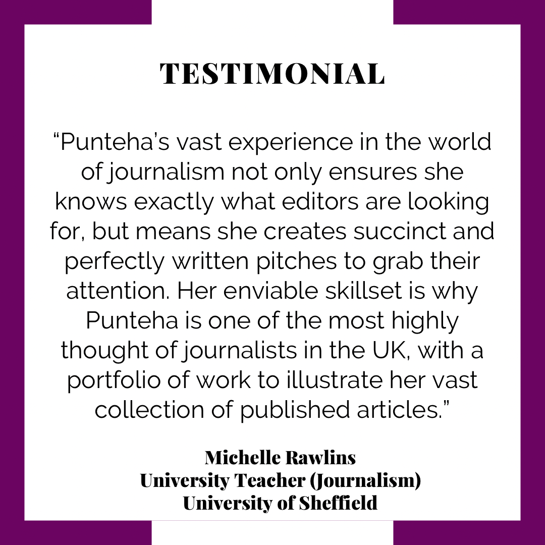 University Journalism Teacher testimonial. Black text on white background in purple frame.