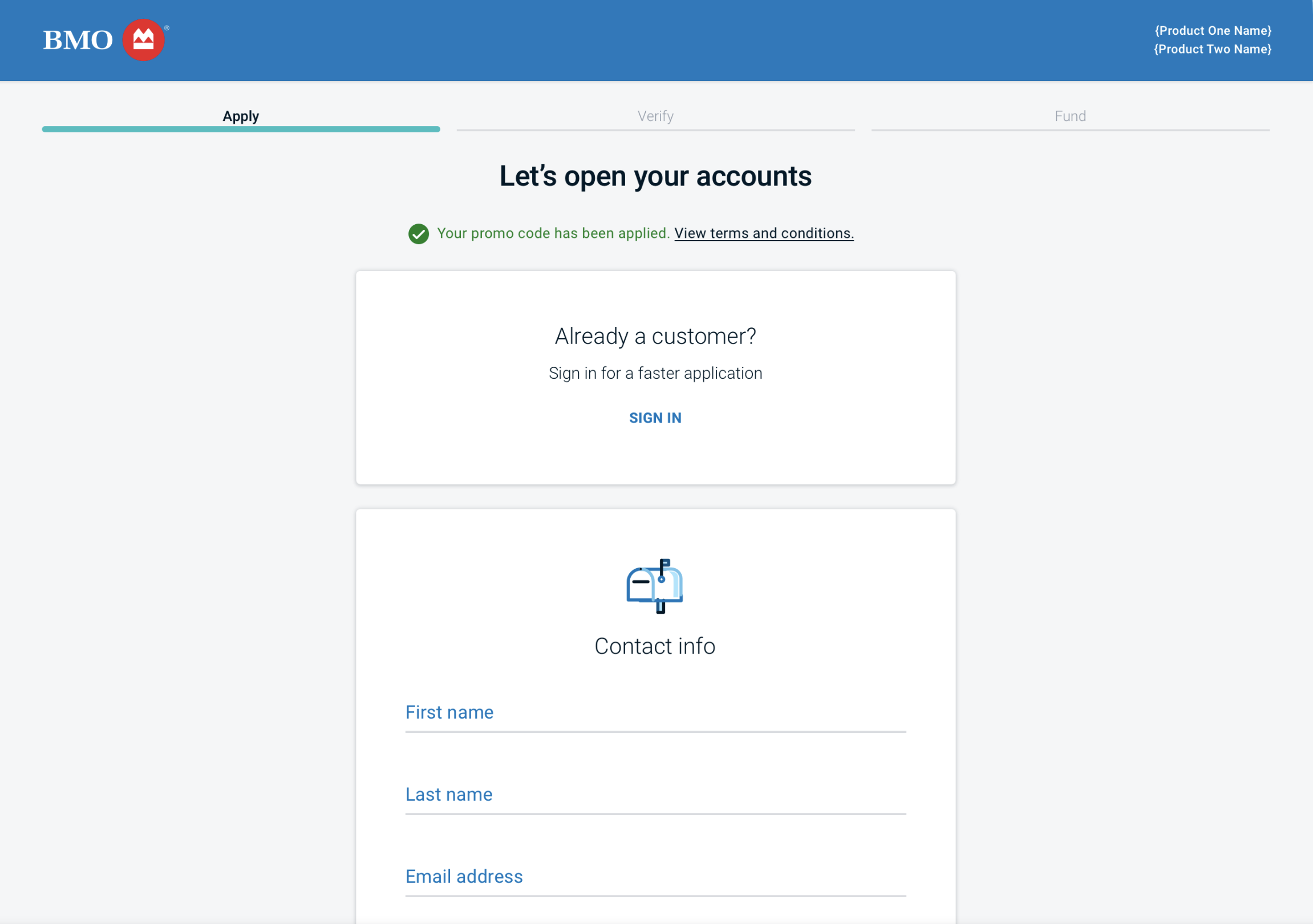 Account bundles: Apply page showing multiple accounts + promotion code added 