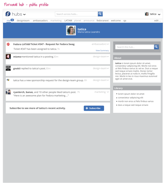 This mockup shows the public view of a personal hub.