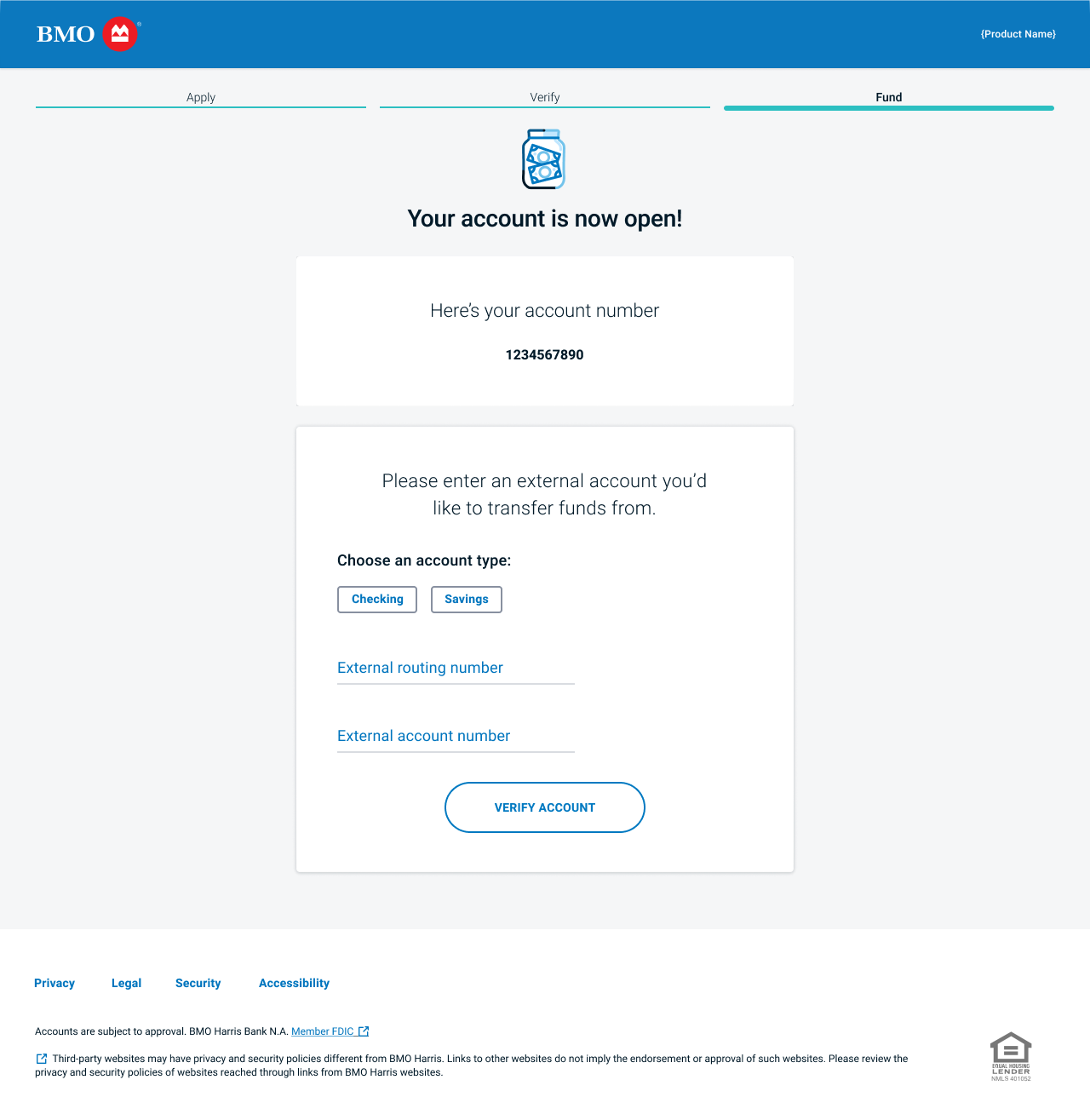 Funding page, where users can transfer money from their previous accounts to the newly opened one