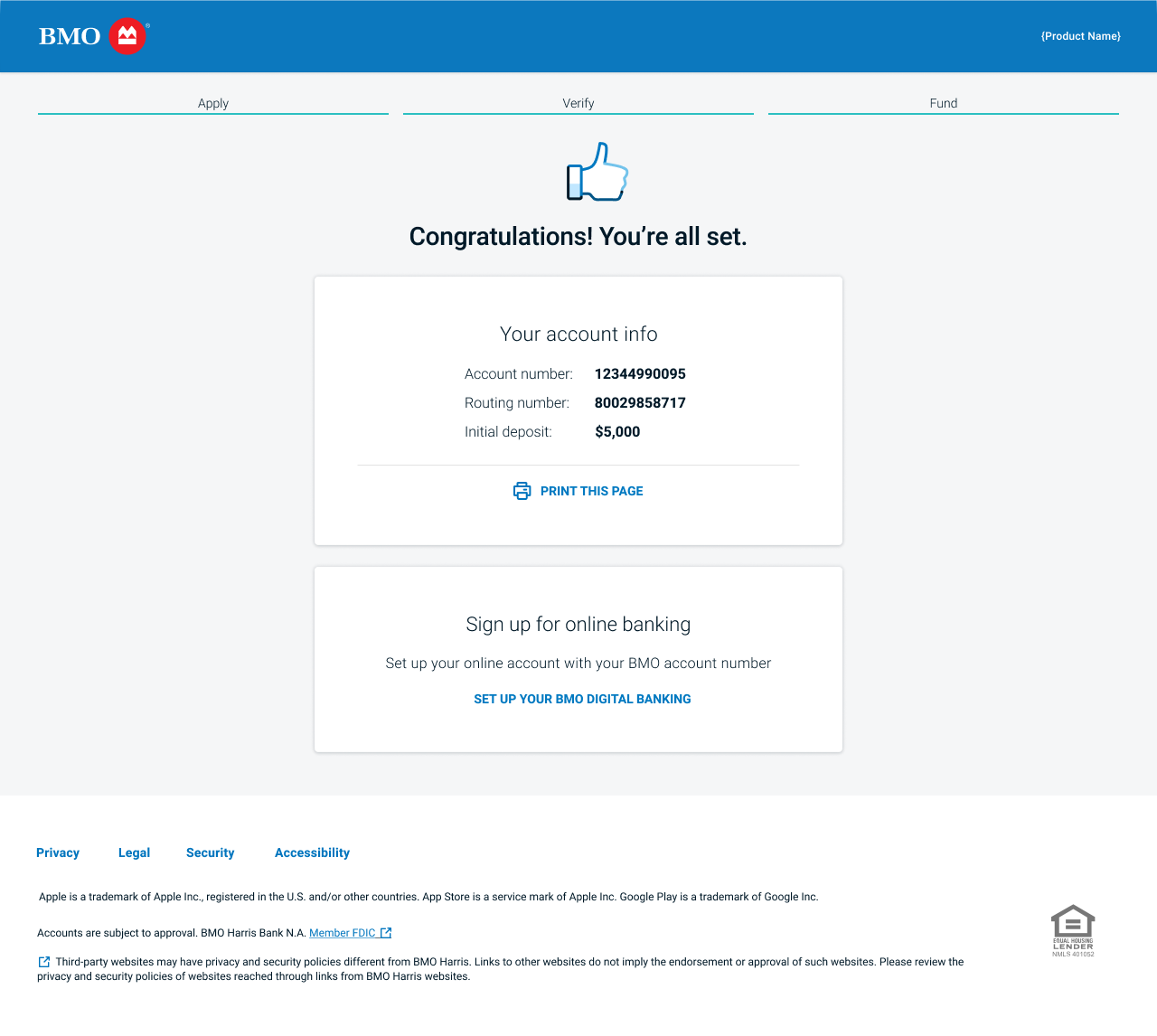 Confirmation page that reiterates important account information to users, and invites them to enroll in online banking