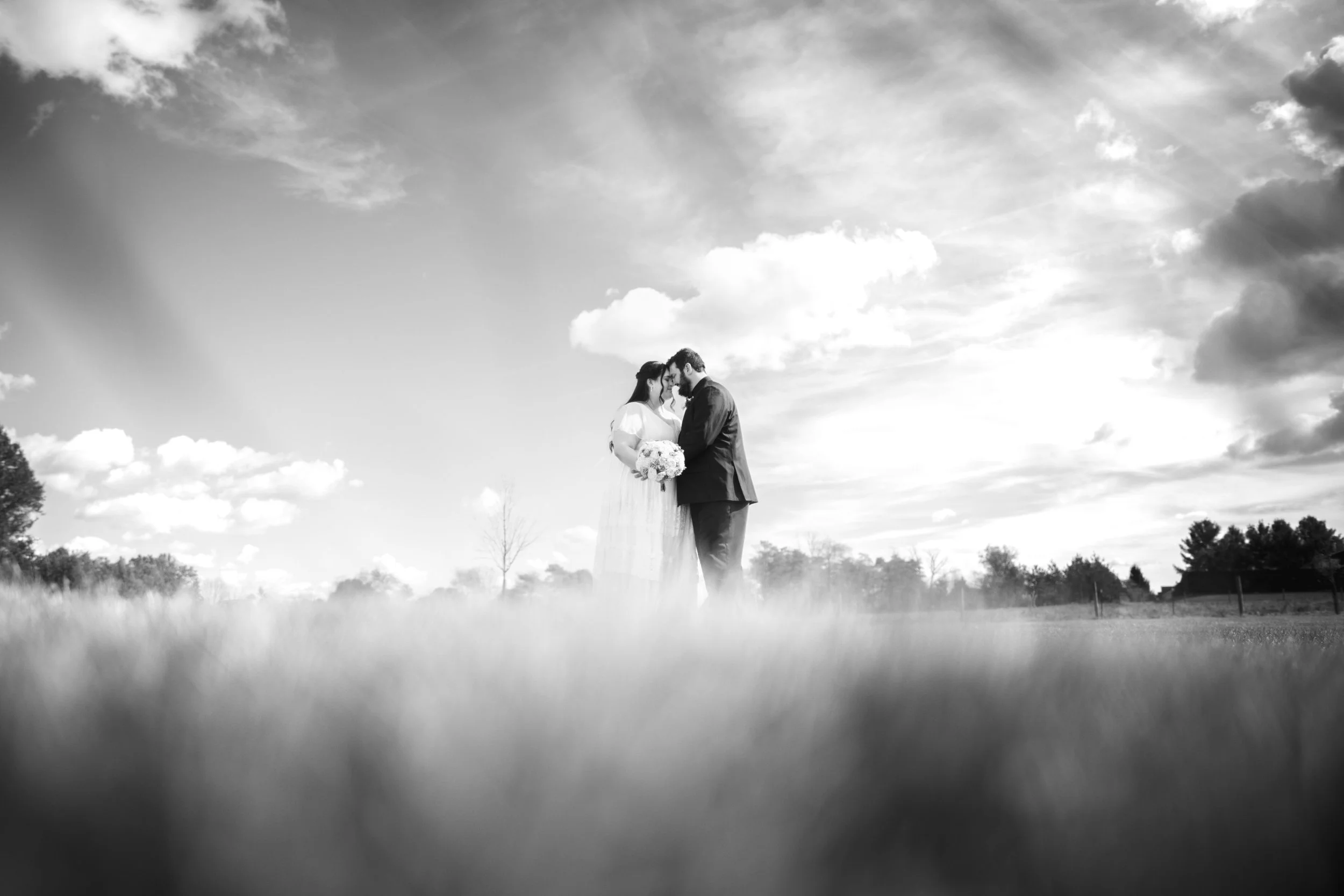 Intimate moment of a bride and groom kissing in a wildflower meadow near Reading, Pennsylvania, showcasing a quiet, private ceremony atmosphere.