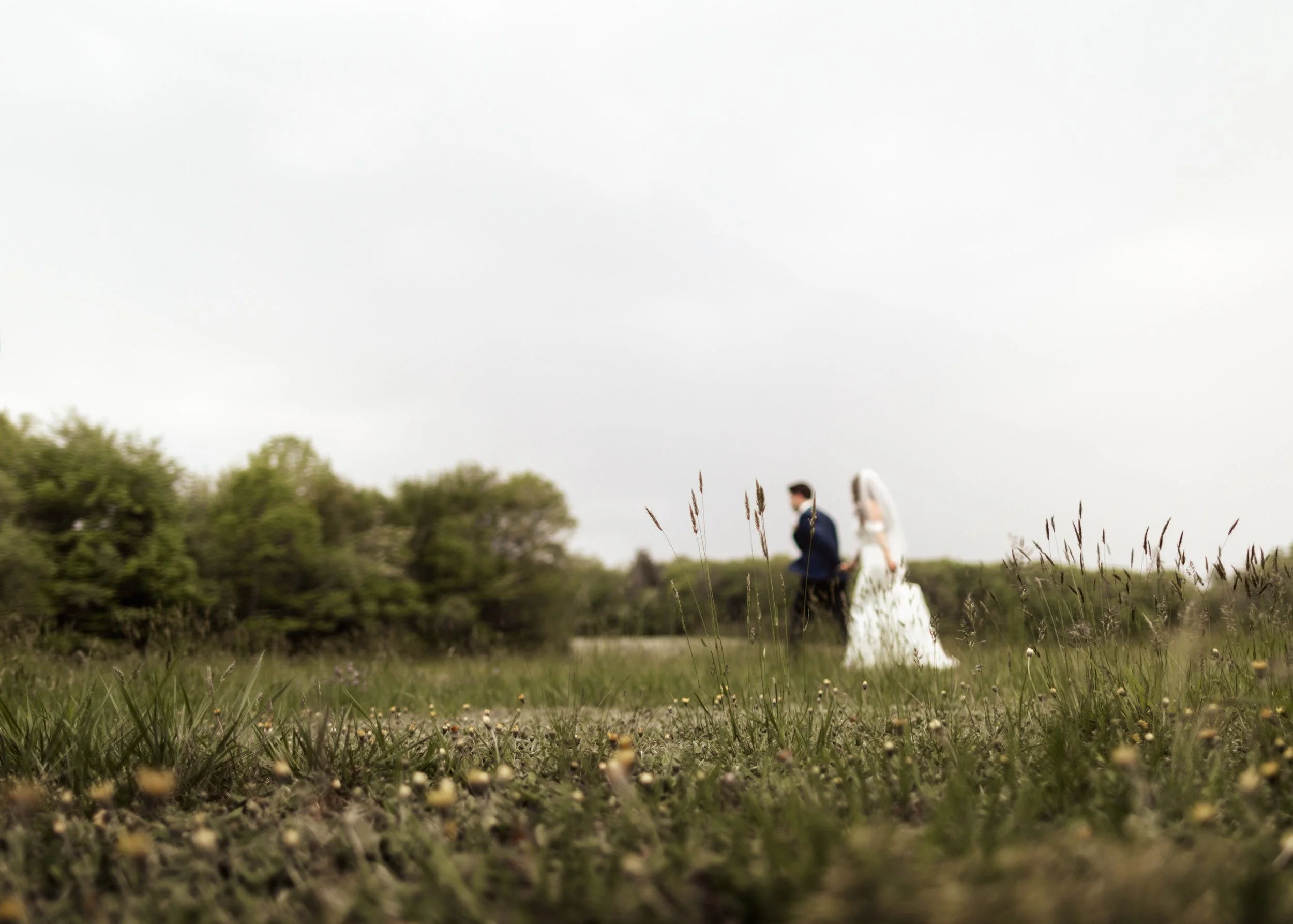 A bride and groom walking through a grassy field with trees in the background, under a cloudy sky.