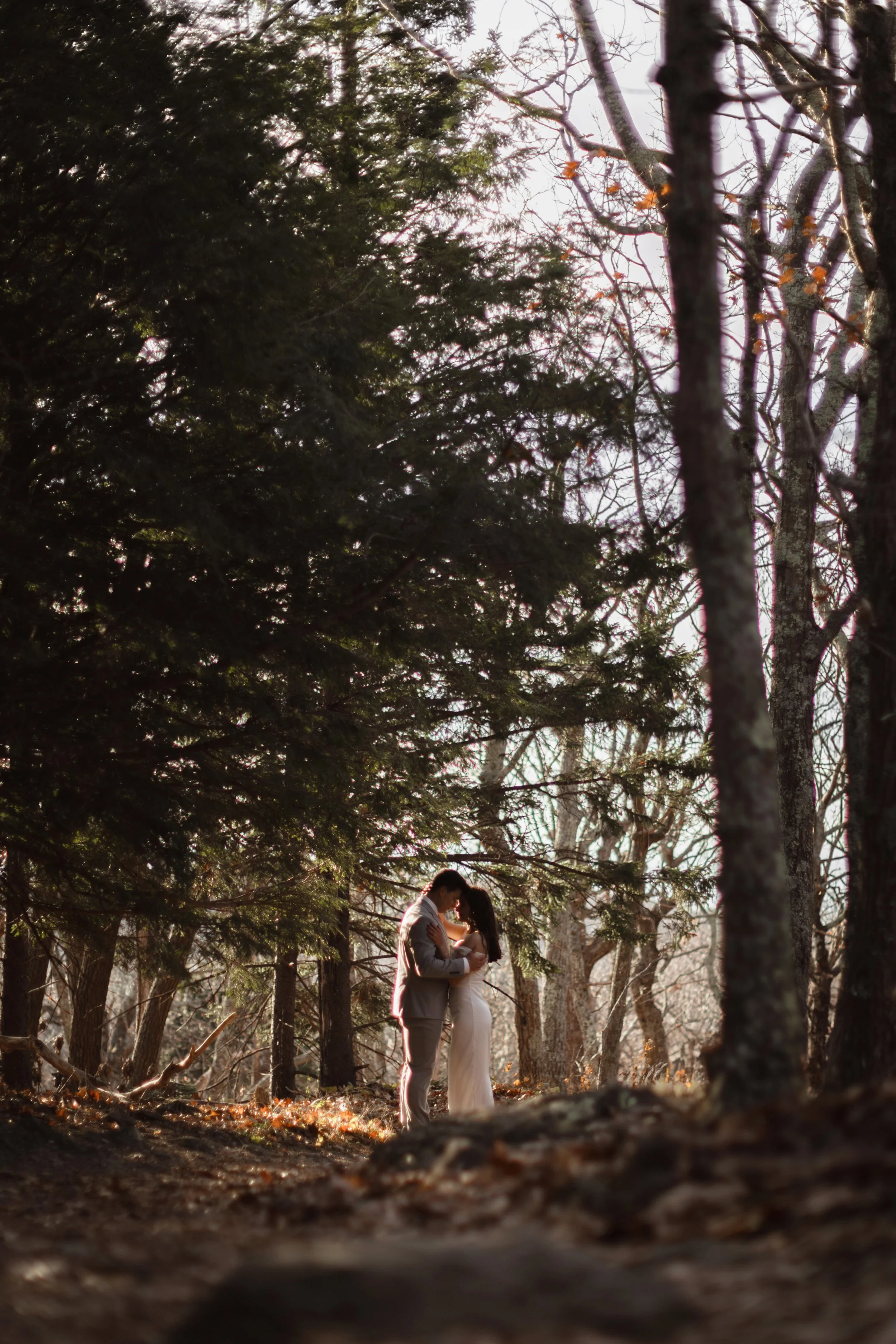 A couple in wedding attire standing close together and embracing in a forest, with sunlight filtering through the trees.