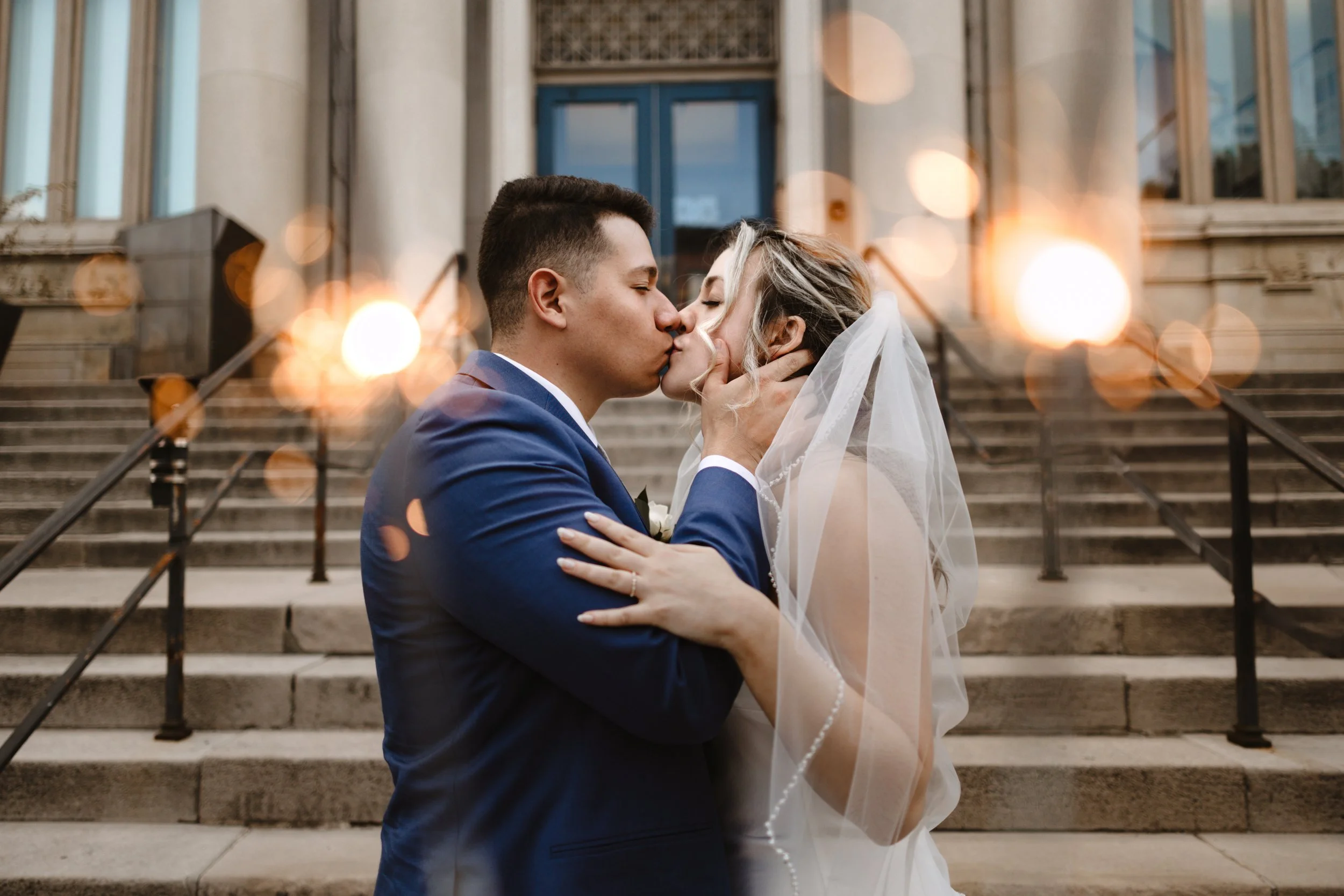 Bride and groom sharing a private moment during a romantic Reading PA elopement with the historic architecture