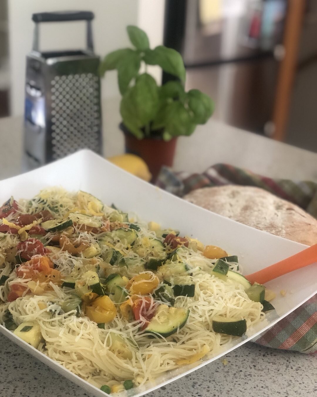 My Angel hair pasta at room temp with lots of roasted veggies and a lemon basil parmesan dressing is perfect for these hot days and it&rsquo;s hard to resist the homemade bread and parsley butter!  #manchestervt #vermont 
#vermontvacation #vermontvac