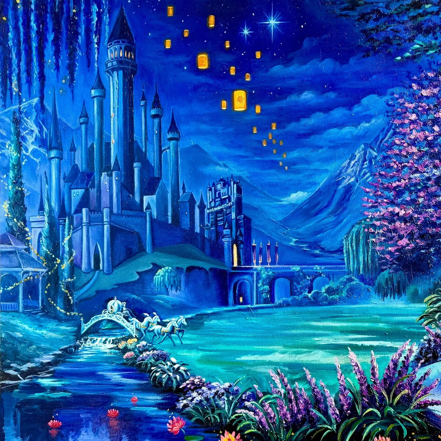 A blue painting of a fantasy castle by a lake at night, with floating lanterns in the sky, a horse-drawn carriage, a bridge, and colorful flowers.