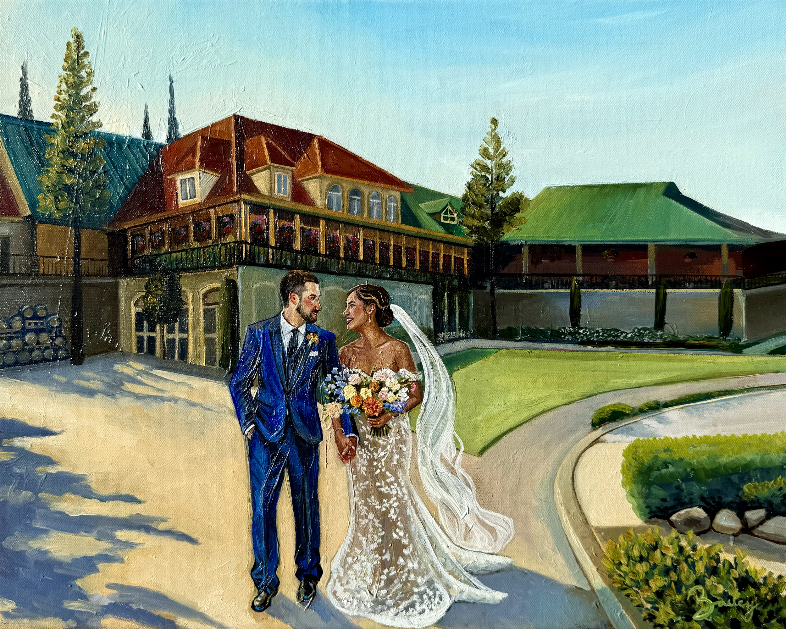 Painting of a bride and groom walking outside a house with colorful roofs, holding hands and smiling at each other.