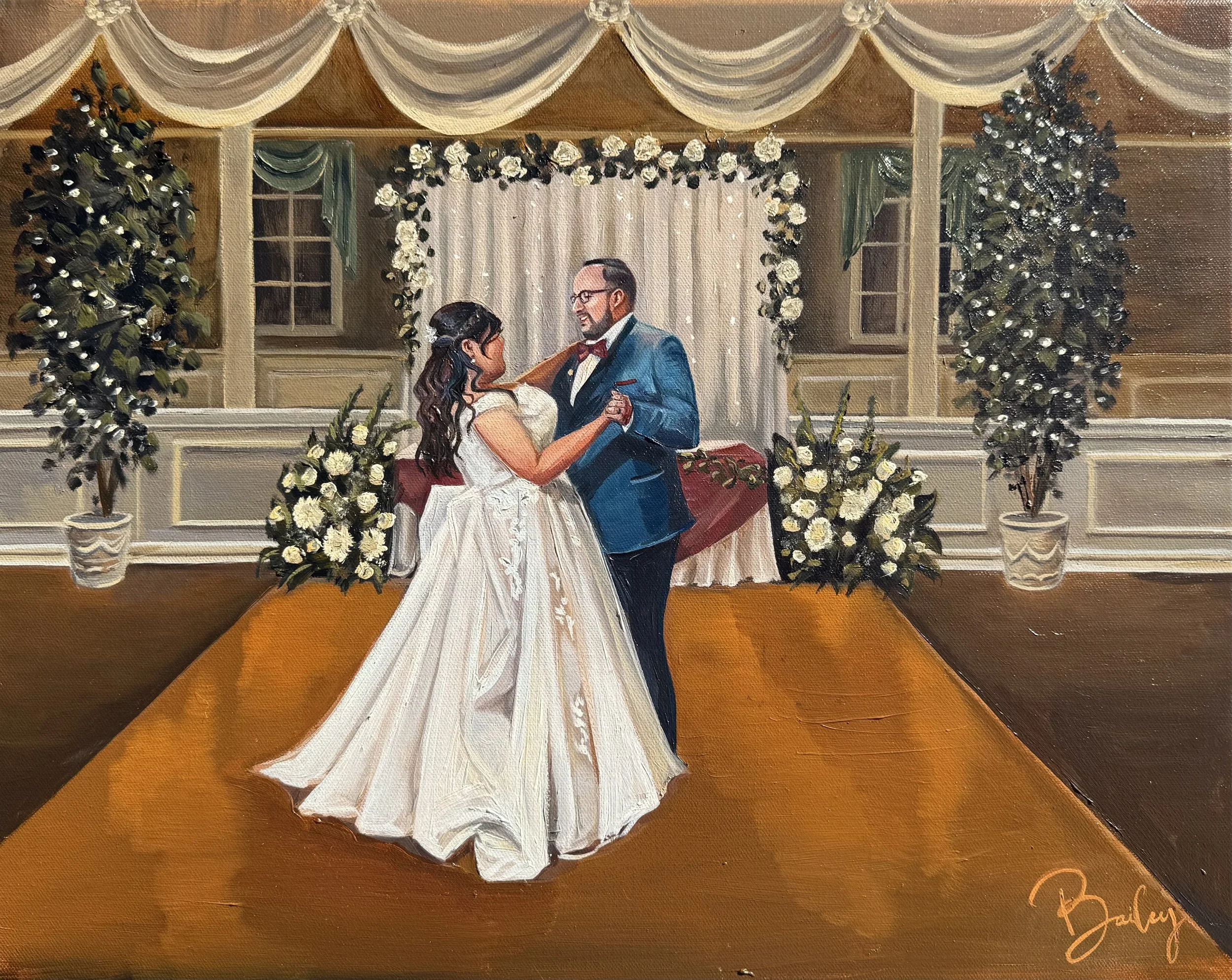 Painting of a bride and groom dancing at their wedding reception. The bride is wearing a white wedding gown and the groom is in a blue suit with a red bow tie. They are surrounded by floral arrangements and draped curtains, with a decorated backdrop 