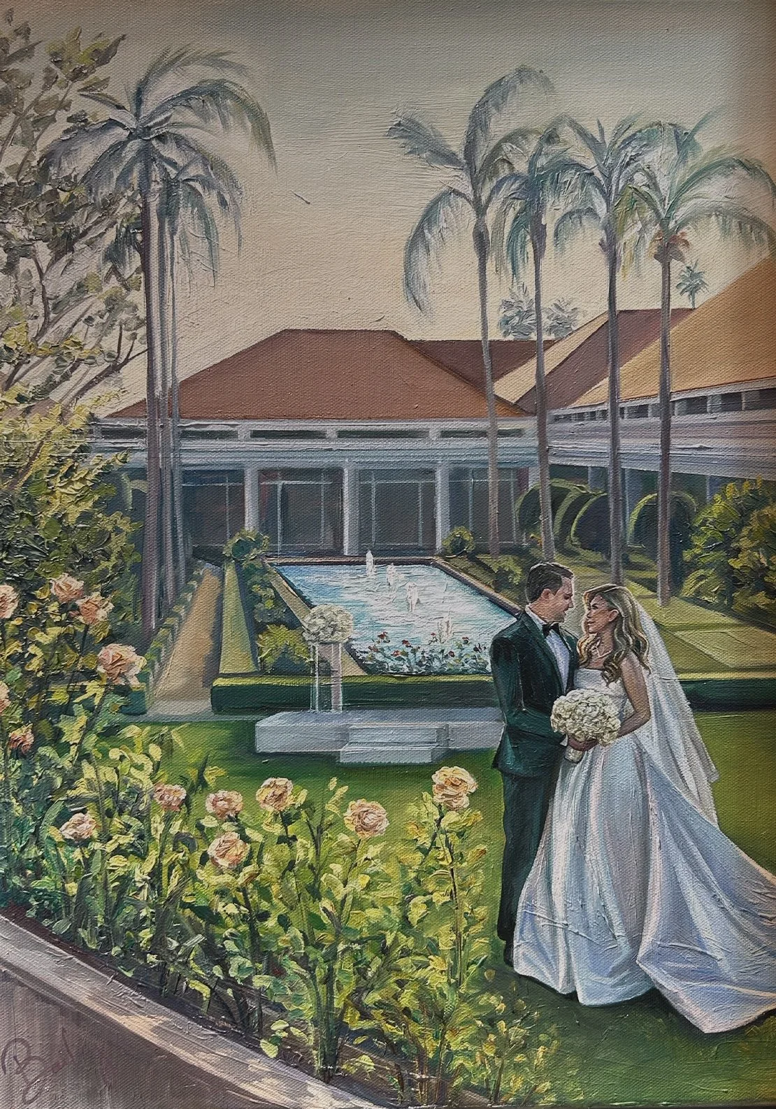 A painting of a wedding couple in front of a fountain and garden, with a large building and palm trees in the background.