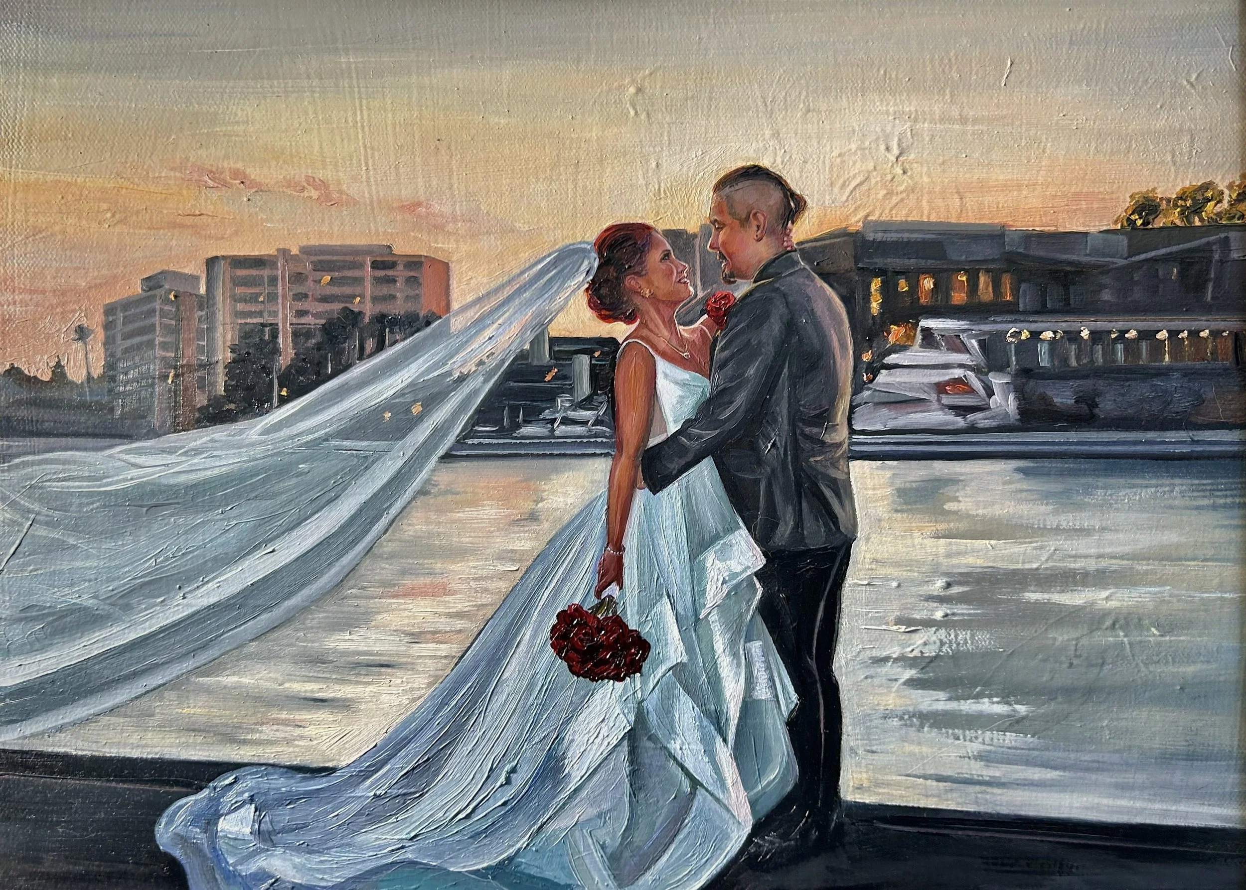 A painting of a wedding couple at sunset with a city skyline and boats in the background.