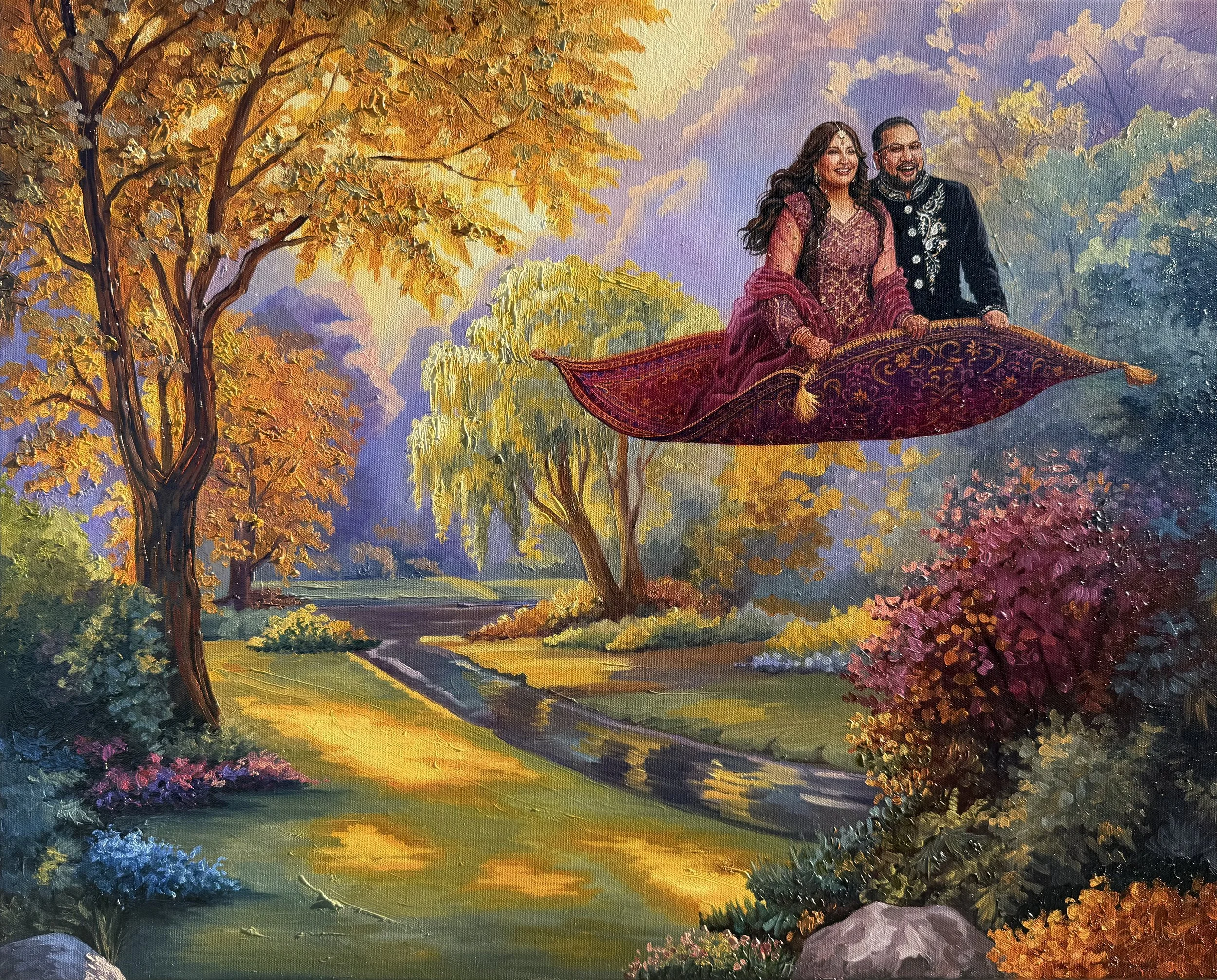 Painting of a landscape with autumn trees, rolling green hills, and a small stream, with two figures on a flying carpet in the foreground.