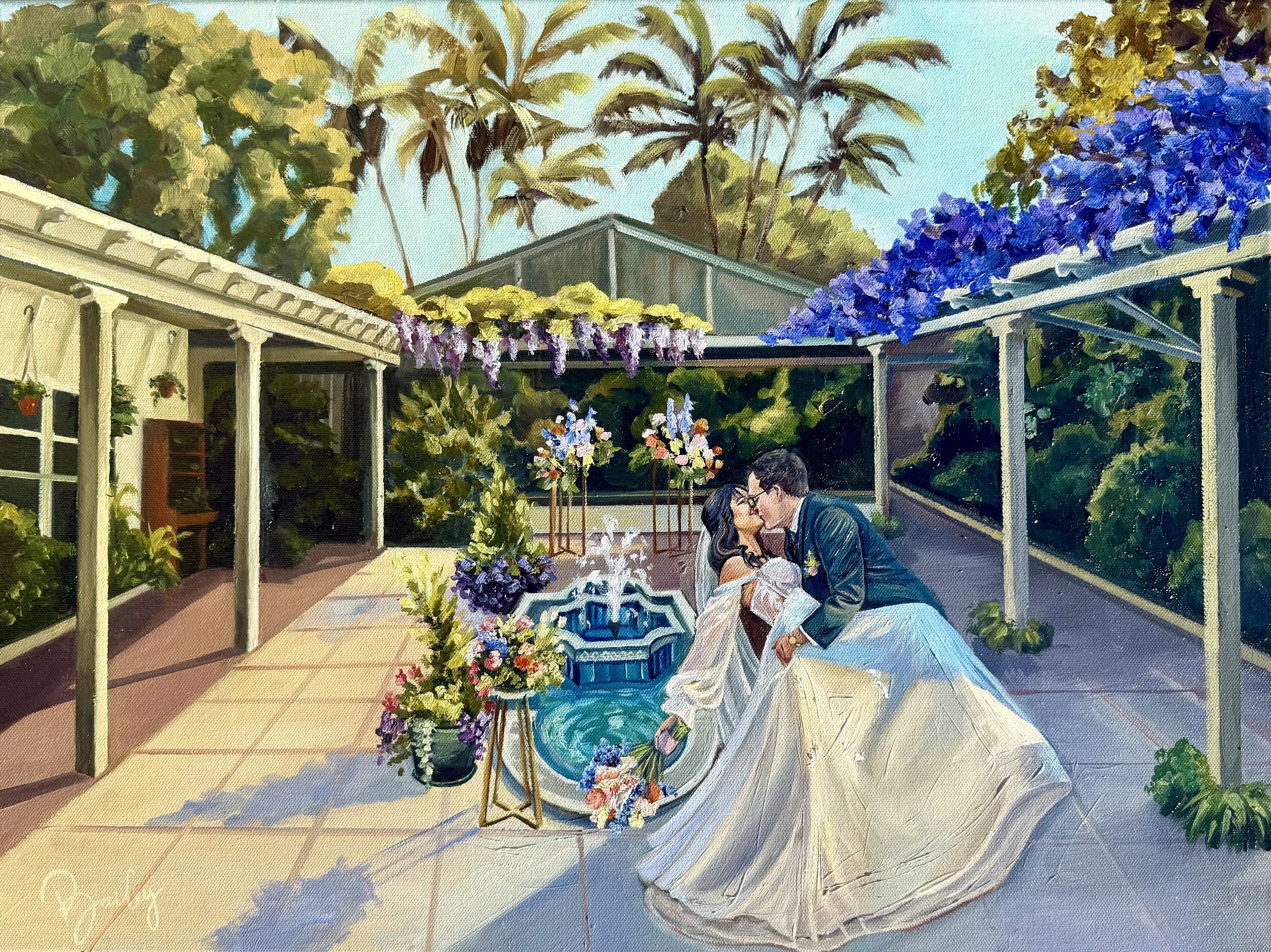 A painting of a couple sharing a kiss in a garden with flowers and a fountain, under a clear blue sky with palm trees in the background.