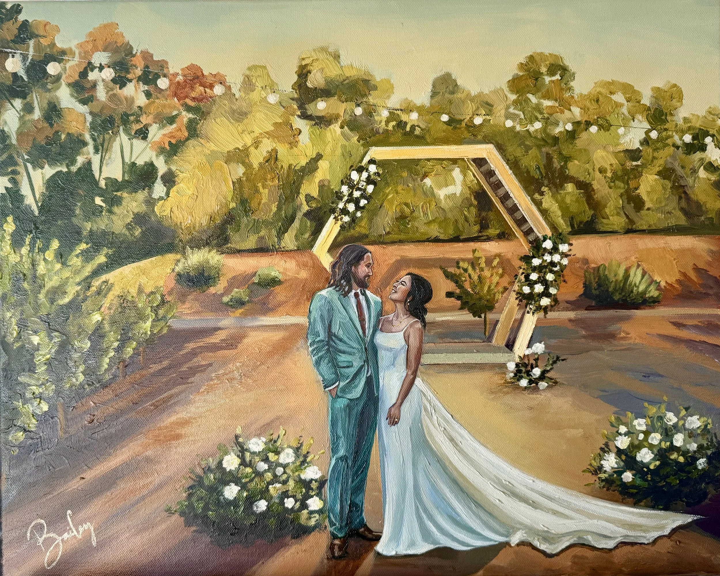 A painting of a wedding scene in an outdoor setting. A bride and groom stand close together, smiling at each other, in front of a wedding arch decorated with white flowers and greenery. The background includes trees and bushes, with string lights han