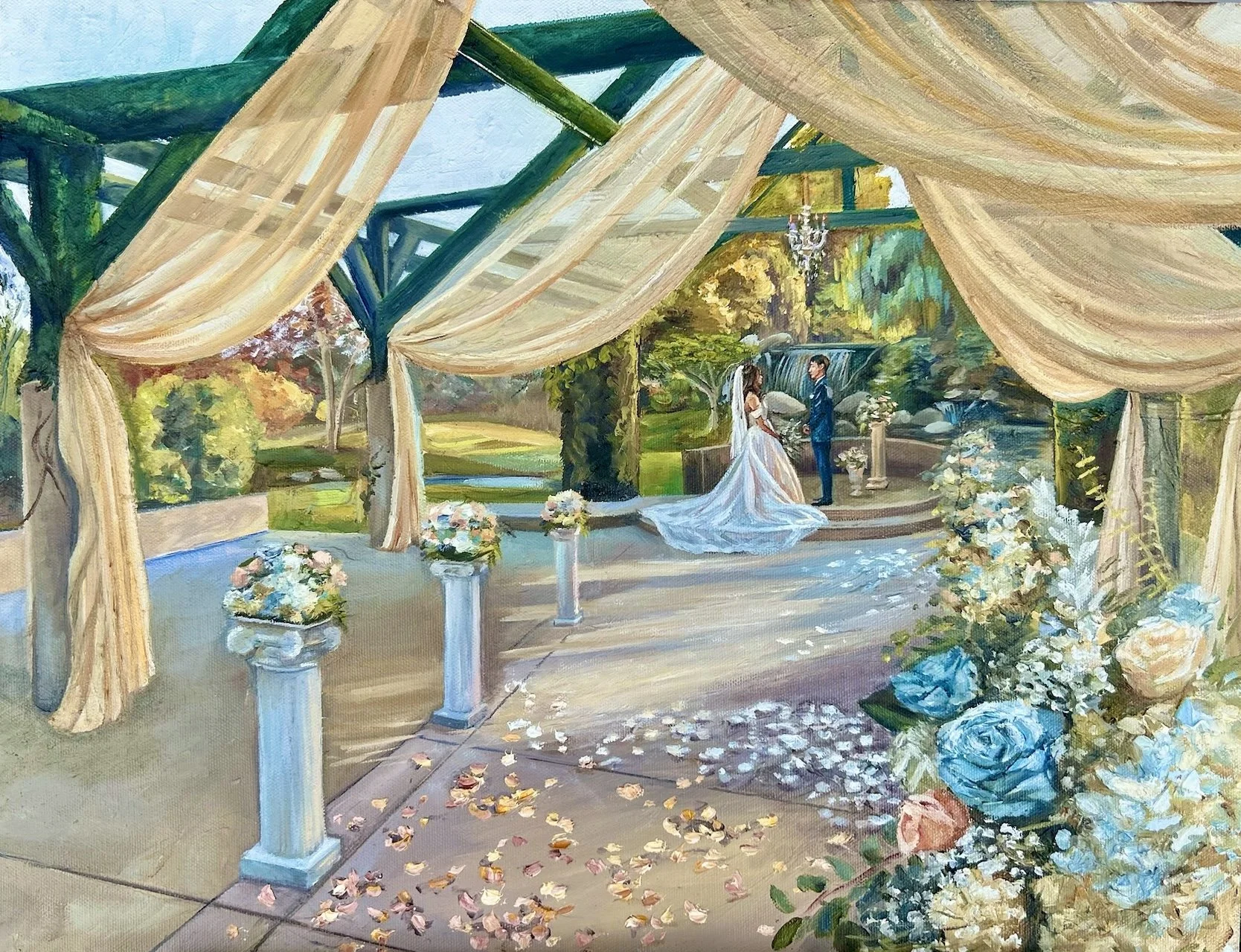 Painting of a wedding ceremony outdoors under a canopy with cream-colored drapes, with a bride in a white gown and a groom in a blue suit standing on a stage, surrounded by flowers and greenery.
