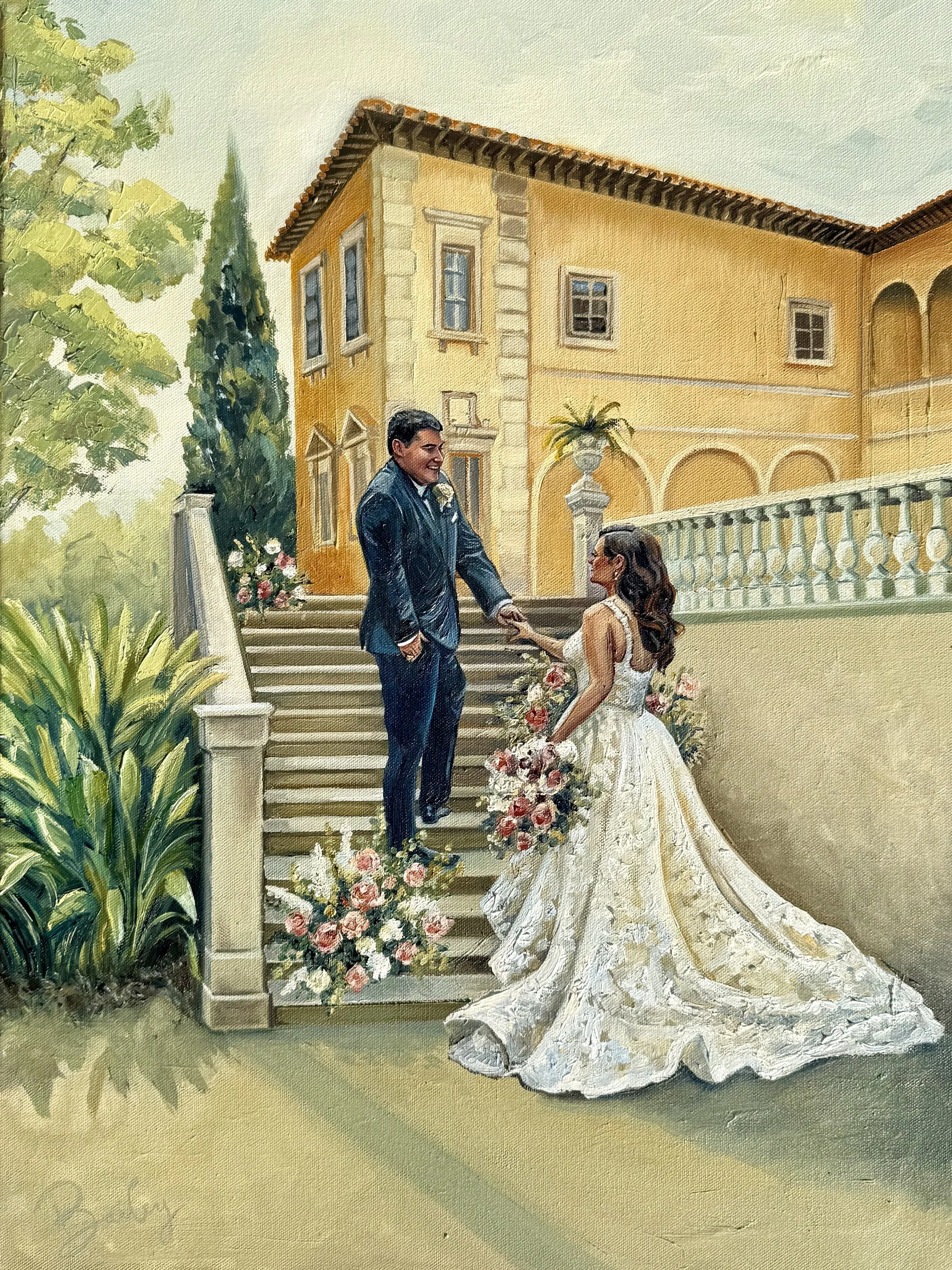 A painting of a bride and groom on the steps outside a large yellow villa, with the groom in a dark suit and the bride in a white wedding gown holding a bouquet, holding hands and smiling at each other.