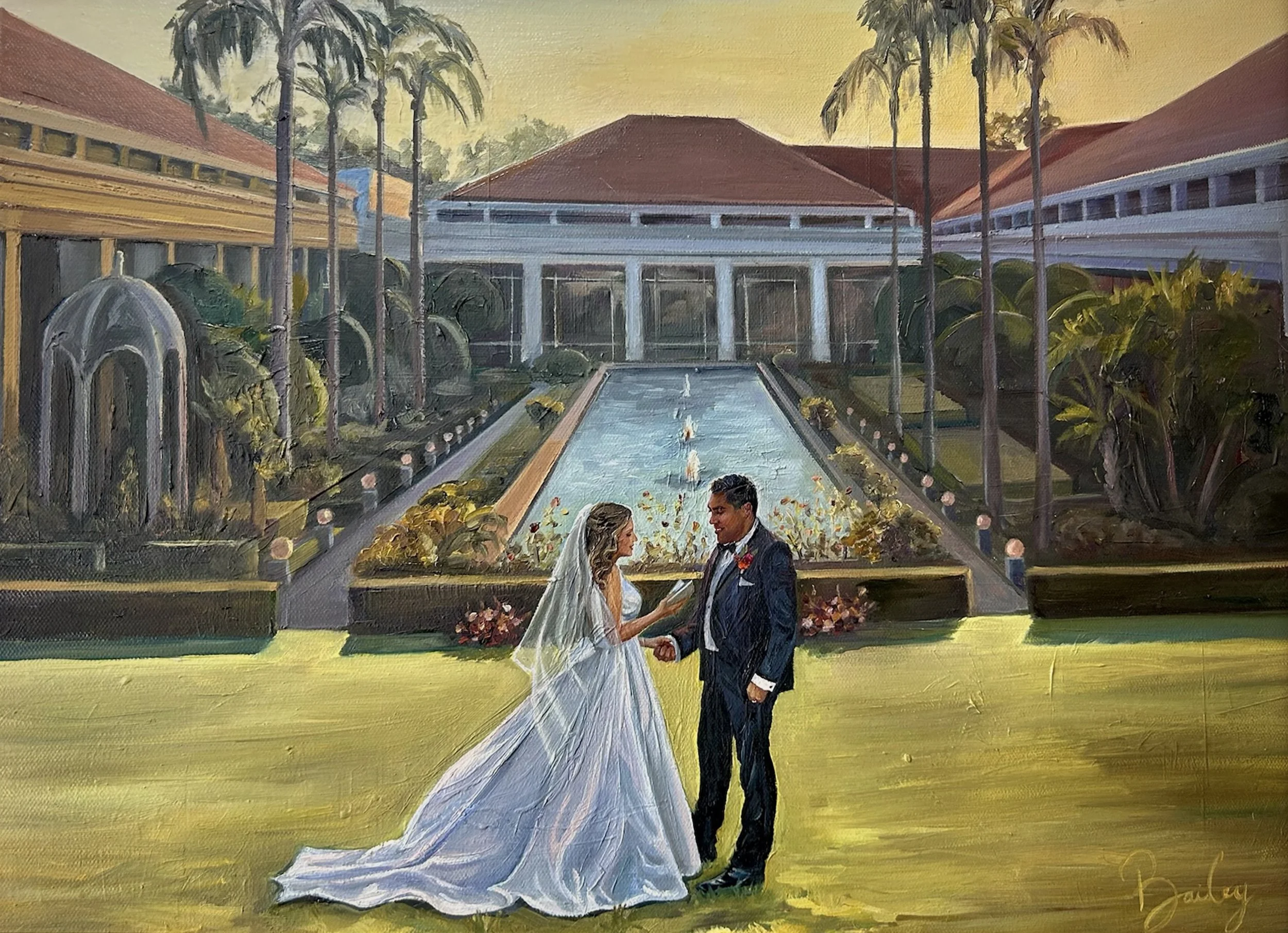 A wedding at a luxurious estate with a fountain, palm trees, and a white pavilion. A bride in a white gown and veil holds hands with a groom in a dark suit as they exchange vows or rings.