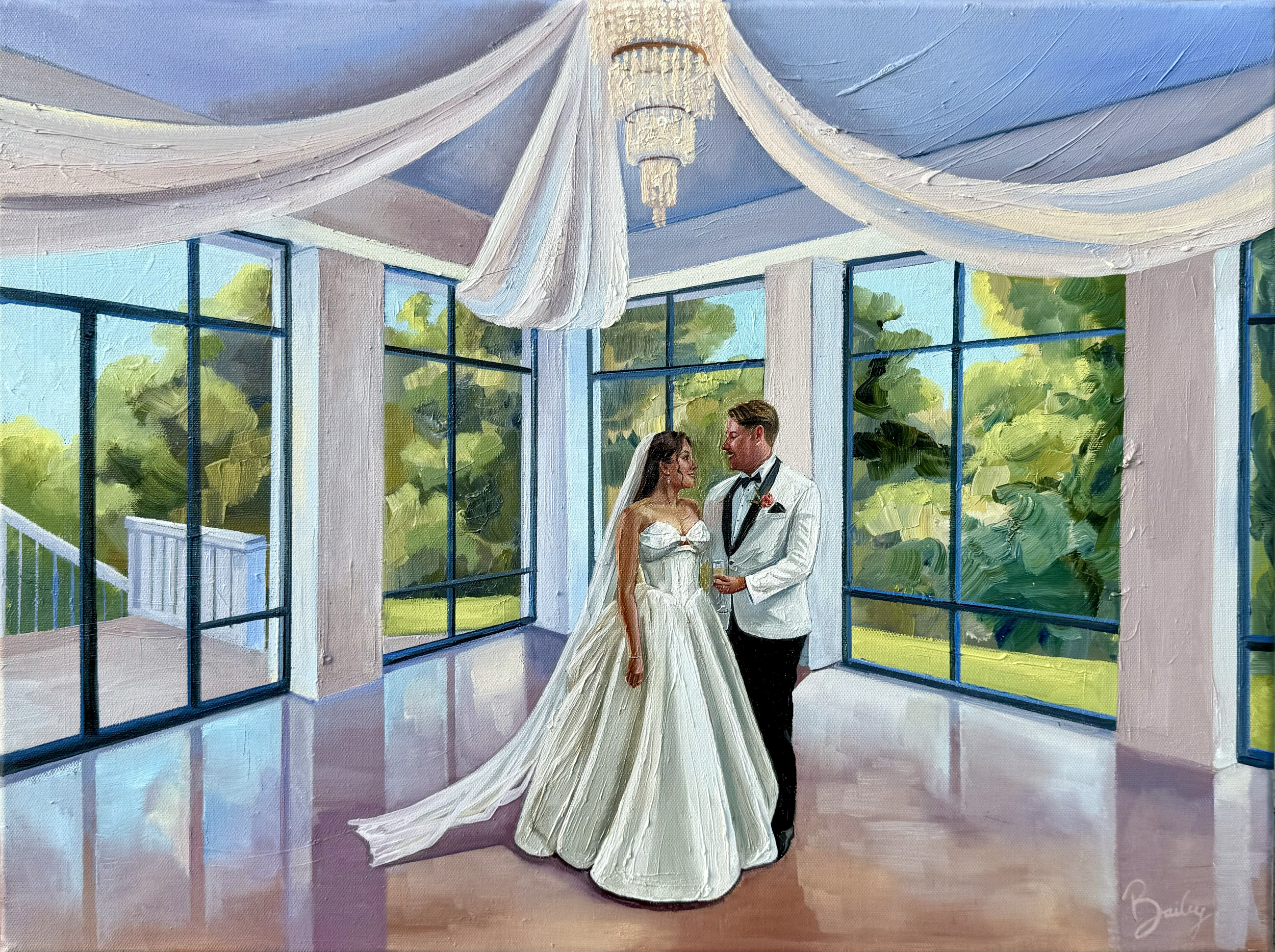 A painted scene of a bride and groom standing together indoors in a bright room with large windows and greenery outside. The bride wears a white wedding dress with a long train, and the groom is in a white tuxedo jacket with black pants. They are loo