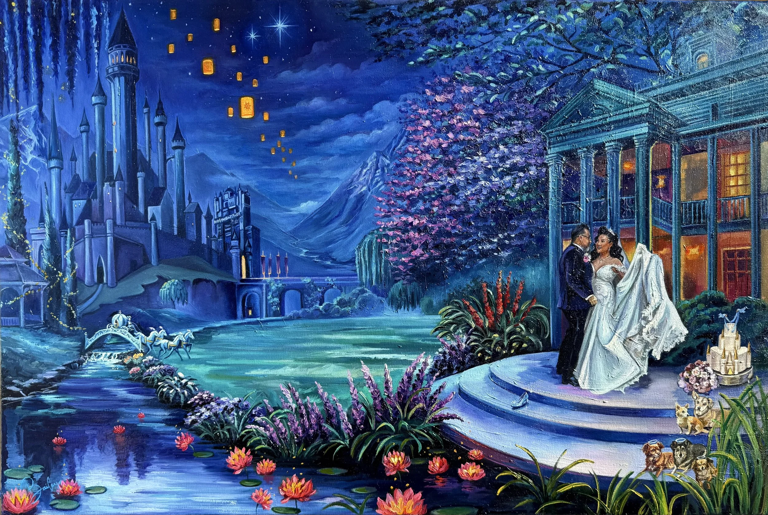 An illustration of a wedding scene at night, with a bride and groom standing on a porch of a large old house decorated with flowers, and surrounded by a landscape featuring a castle, mountains, a river with a bridge, and floating lanterns in the sky.