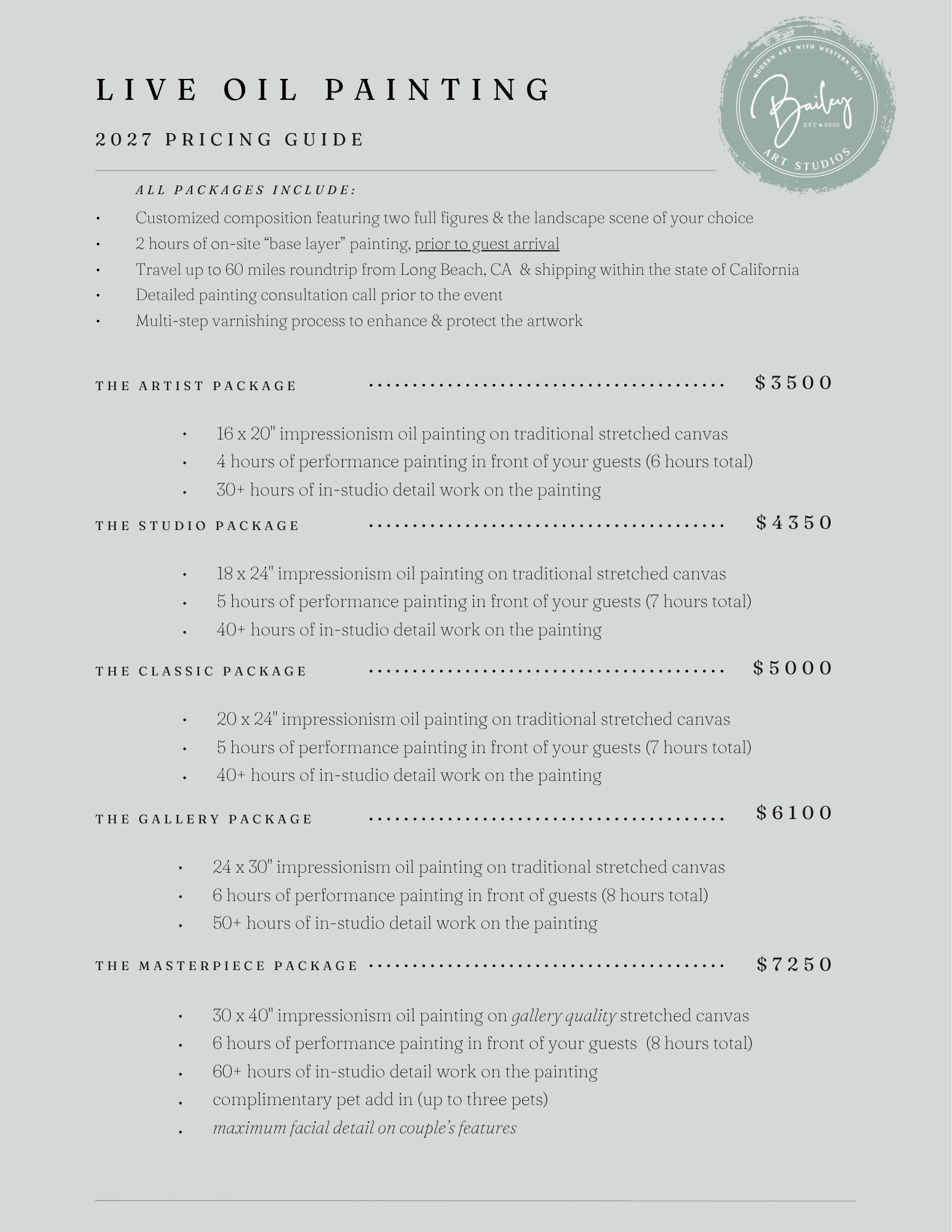 A price list for live oil painting packages at Bailey Art Studios, showing different options with prices ranging from $350 to $7250, details about the size, time, and services included in each package.