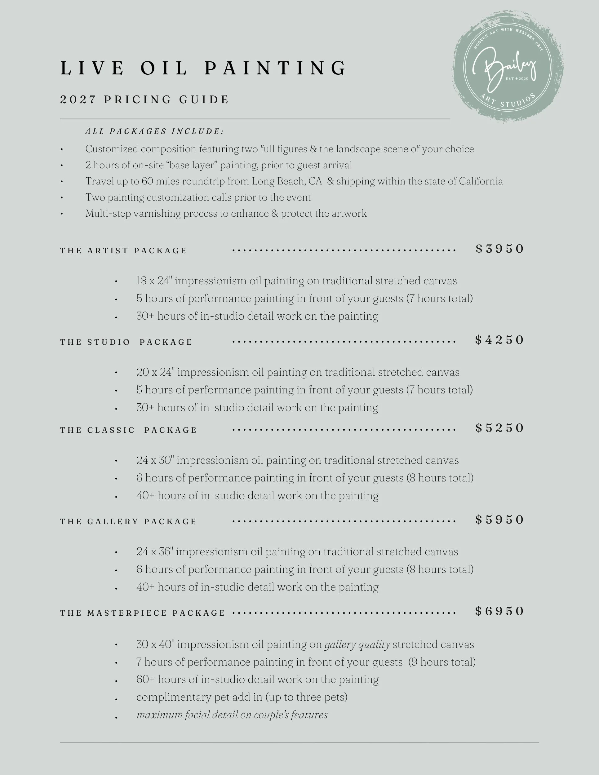 A pricing guide flyer for live oil painting events by Bailey Art Studios. It lists various packages, including the Artist Package, Studio Package, Gallery Package, and Masterpiece Package, with details about each and their prices ranging from $3950 to $6950.