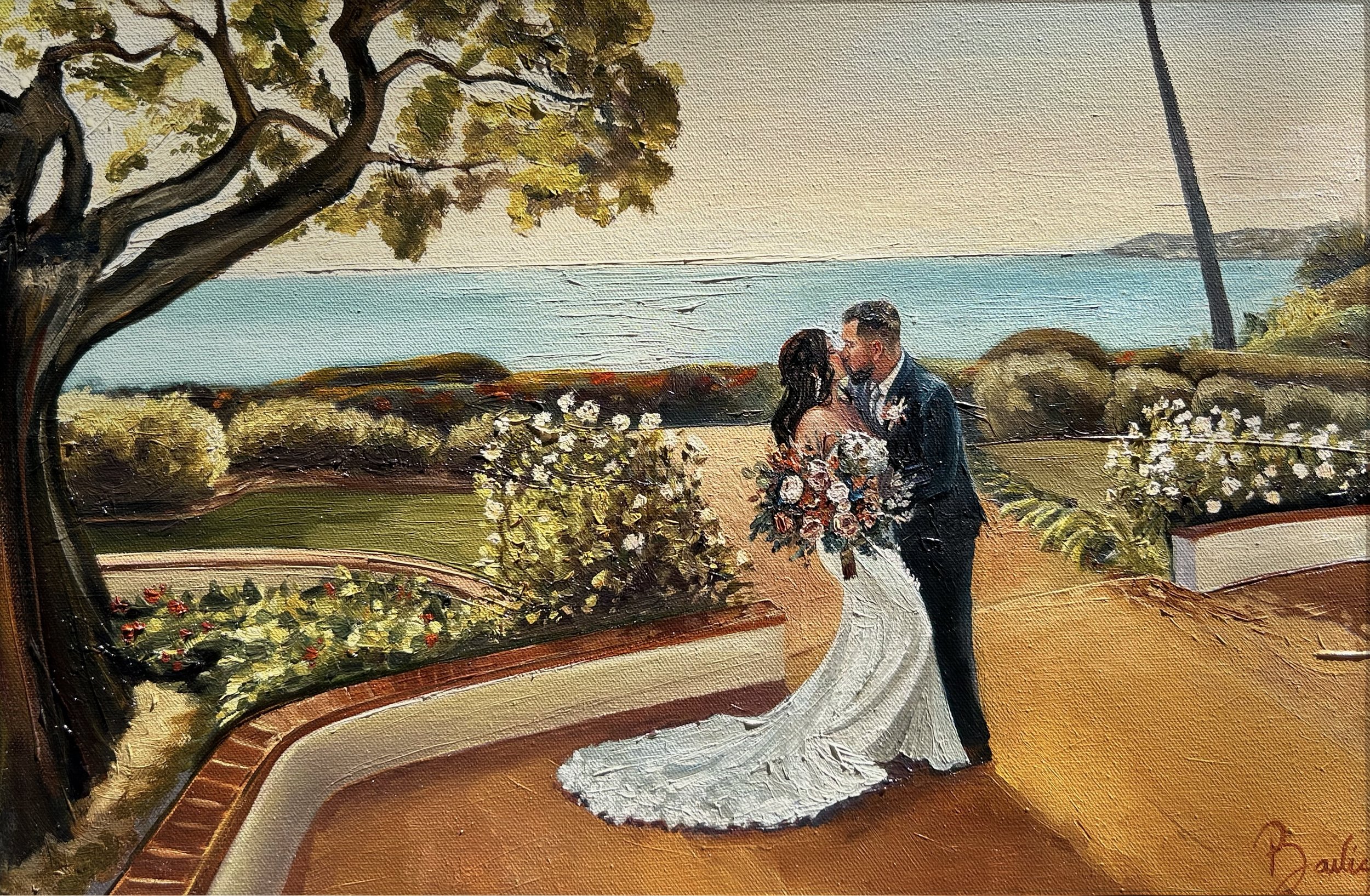 A painting of a bride and groom sharing a kiss on a garden path near the ocean. The bride is in a white wedding gown holding a colorful bouquet, and the groom in a dark suit. There are trees and bushes with flowers around them, and the ocean is visib
