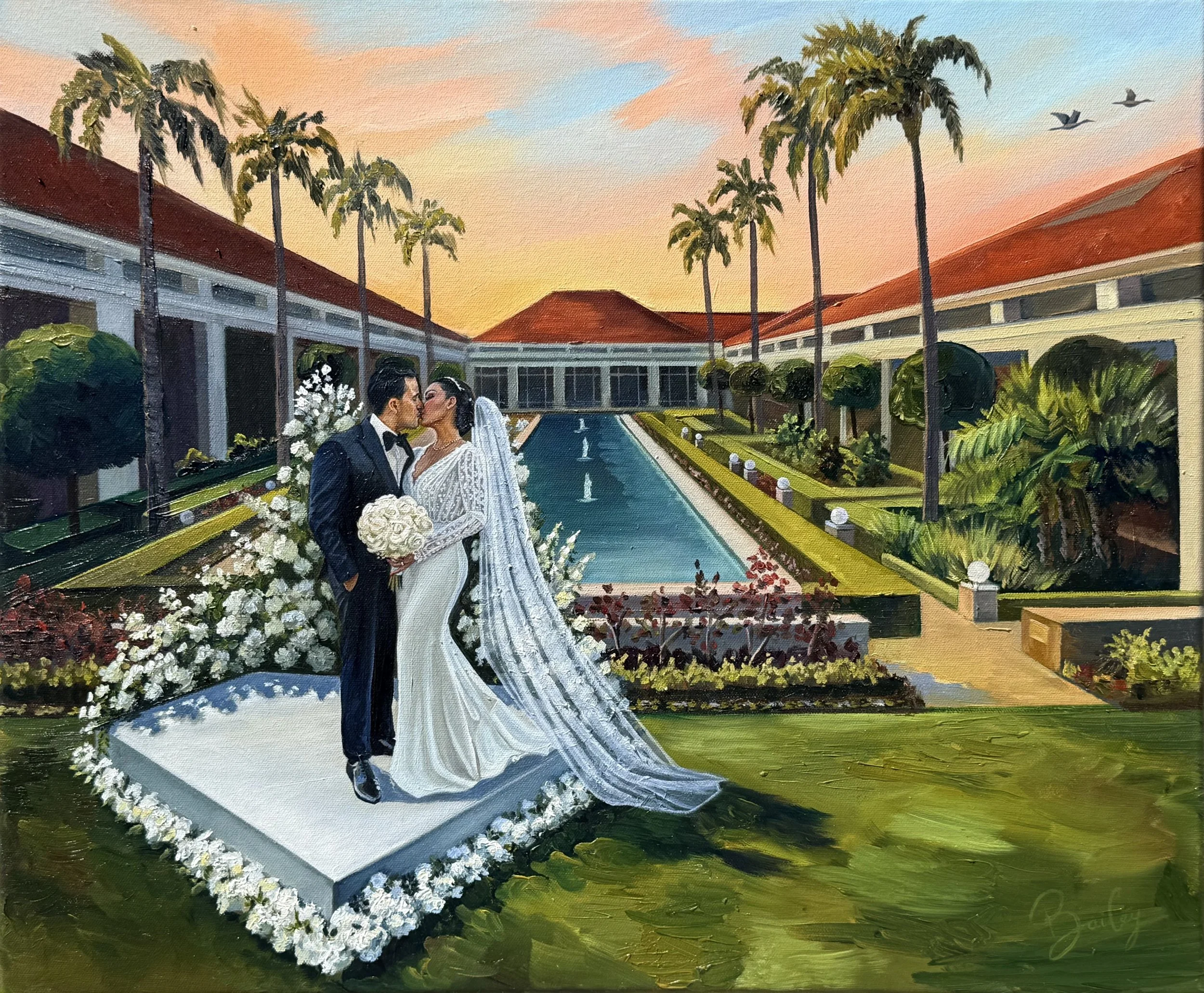 An artistic painting of a wedding scene at sunset with a bride and groom kissing, surrounded by wedding flowers and greenery, in a courtyard with a pool, palm trees, and a building with terracotta roof tiles.