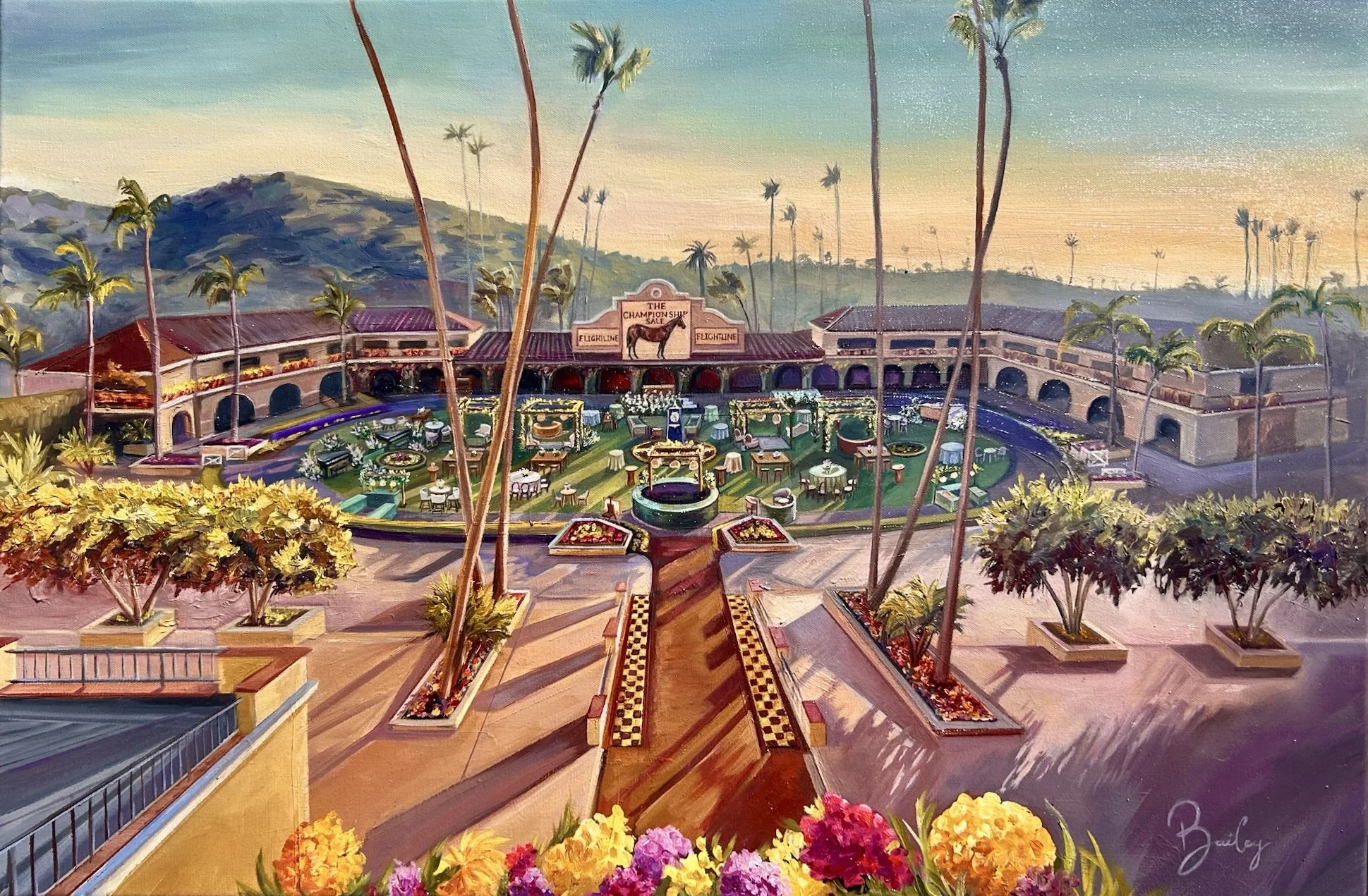 Painting of a horse racing facility with a large green grass area, inside a building with multiple arches, surrounded by palm trees, flowering bushes, and a mountain in the background, with a sign that reads 'The Champion Stakes Sale' and other small
