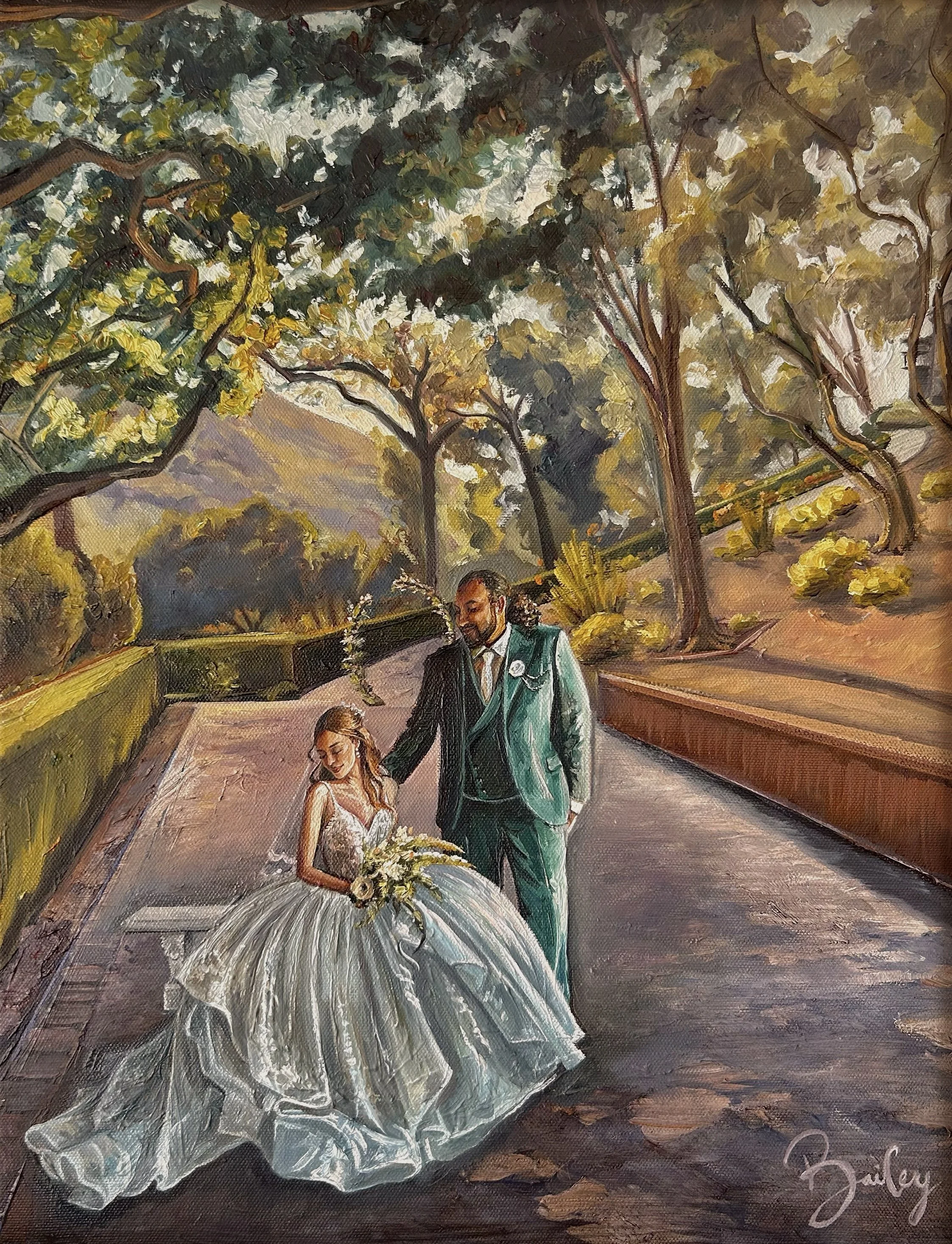 Painting of a bride in a white wedding gown holding a bouquet of flowers, standing next to a groom in a teal suit, on a paved pathway surrounded by trees and greenery.