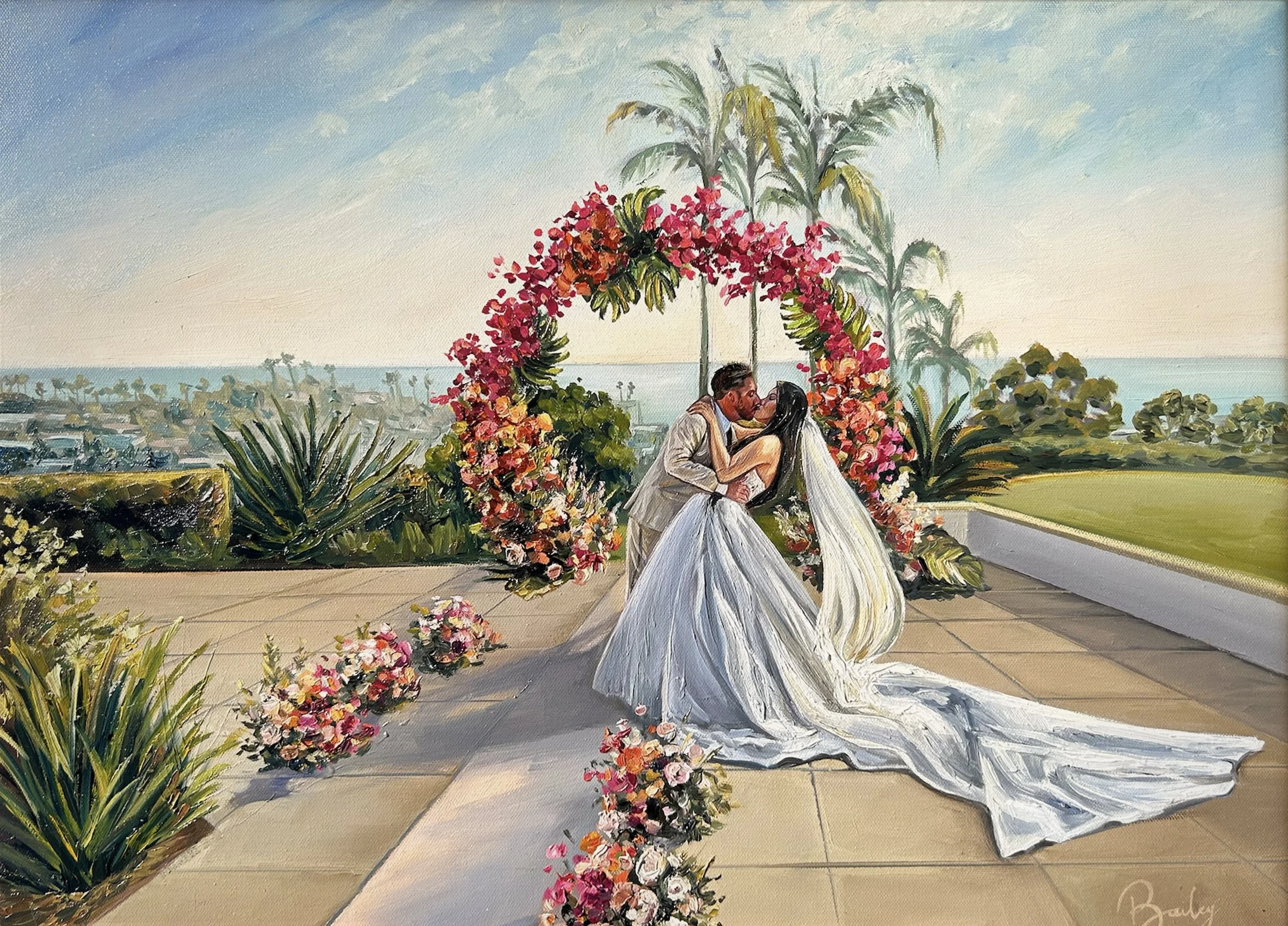 A painting of a newlywed couple dancing under a floral arch on a terrace with a scenic view of the ocean and palm trees in the background.