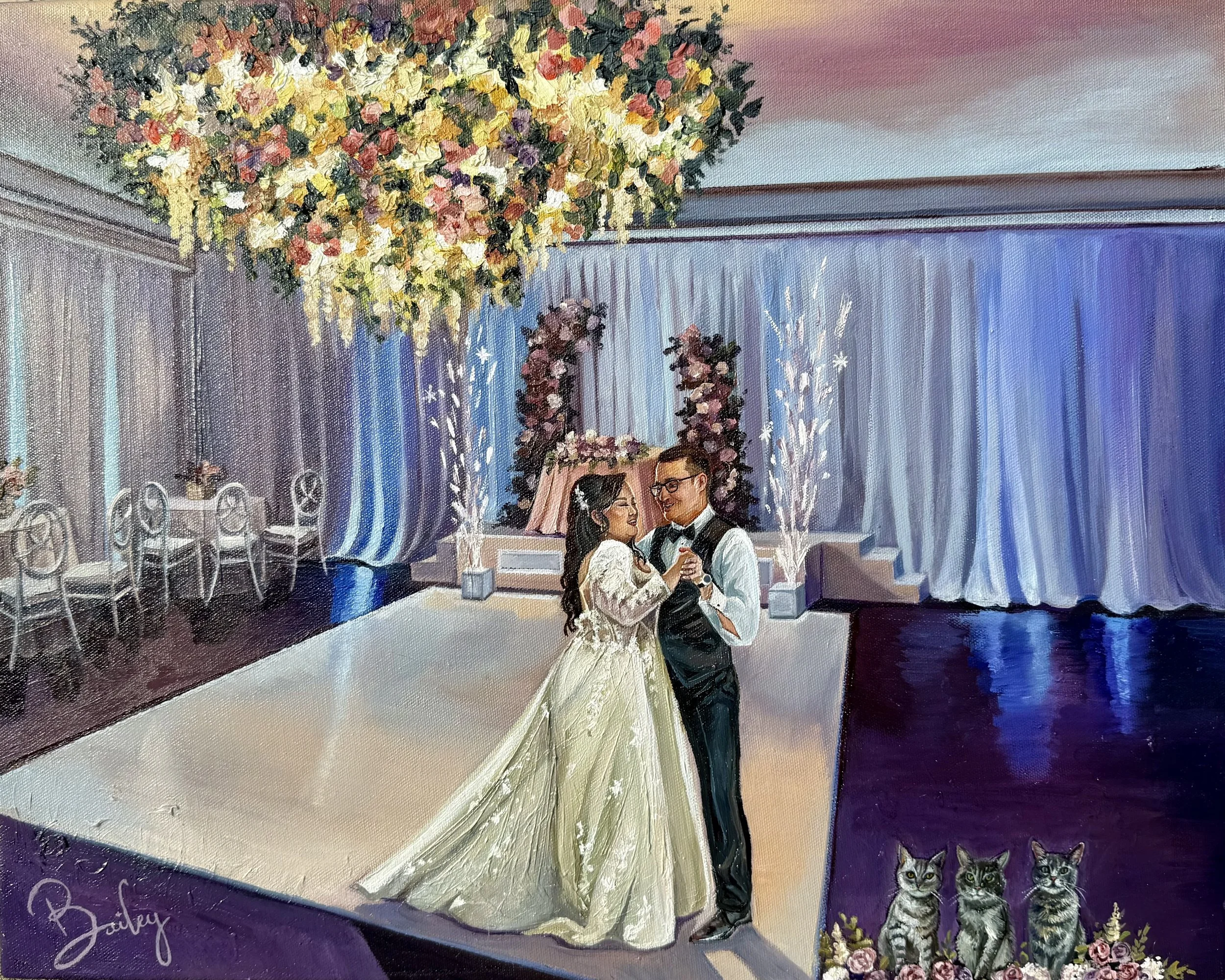 A painting of a wedding dance scene featuring a bride and groom dancing on a decorated stage with floral arrangements, a curtain backdrop, and three cats sitting on a purple carpet in the foreground.