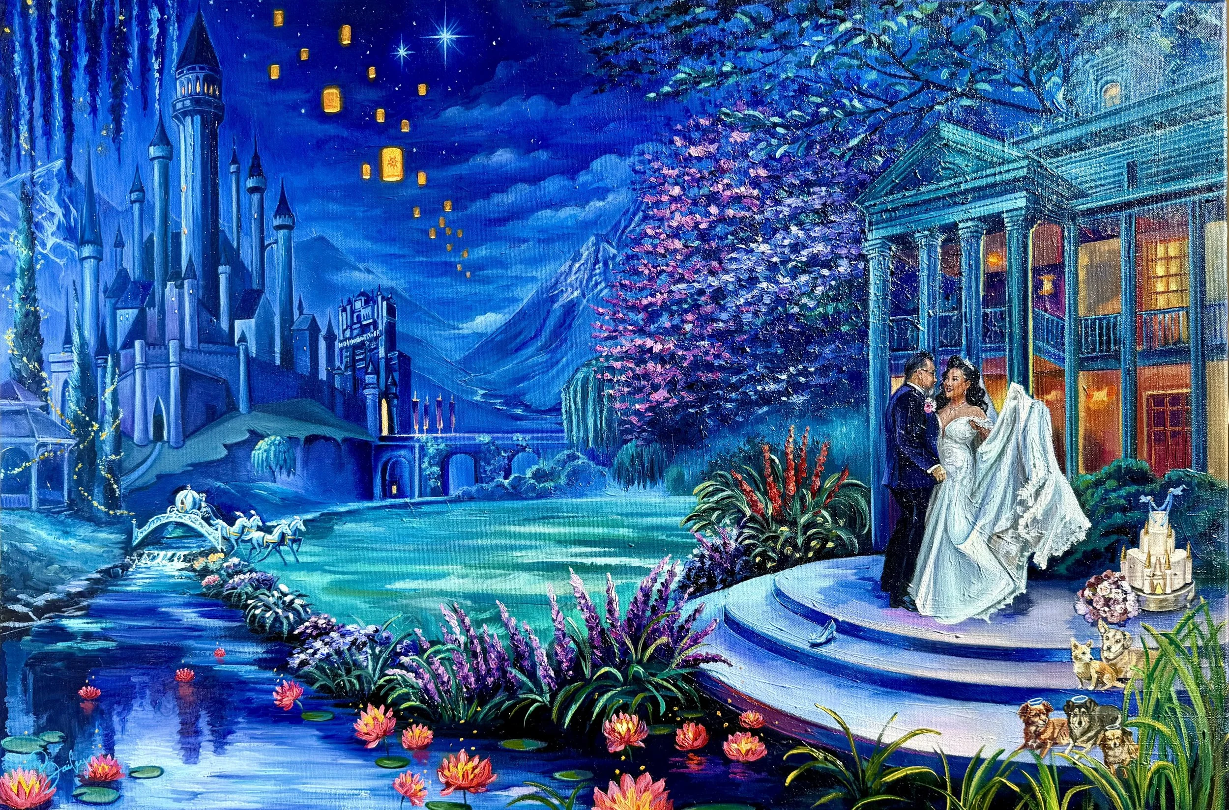 A vibrant fantasy scene featuring a castle, lanterns ascending into the sky, a couple in wedding attire outside a house with large windows, a pond with water lilies, and animals like dogs and ducks in a colorful, enchanted landscape.