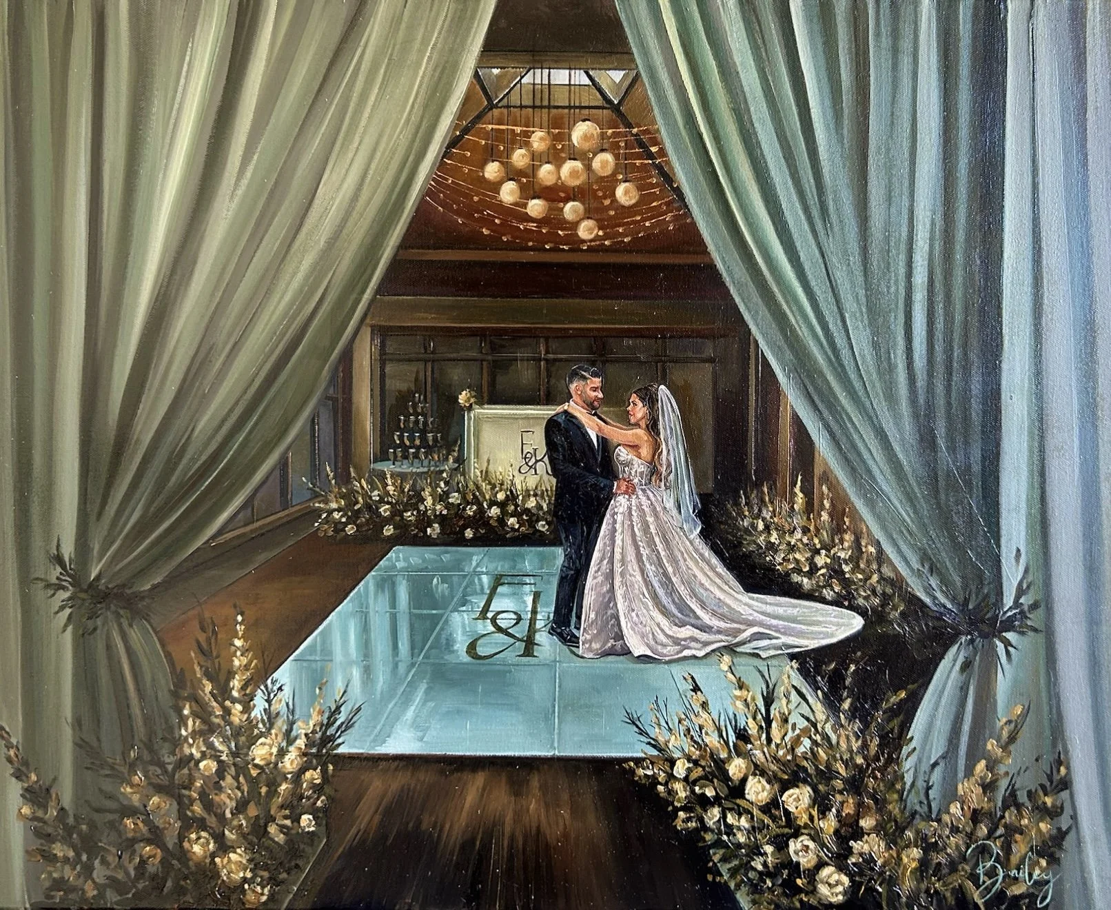 A painting of a bride and groom dancing during their wedding reception indoors. The scene is framed by gold curtains, with a chandelier overhead and a decorated dance floor.