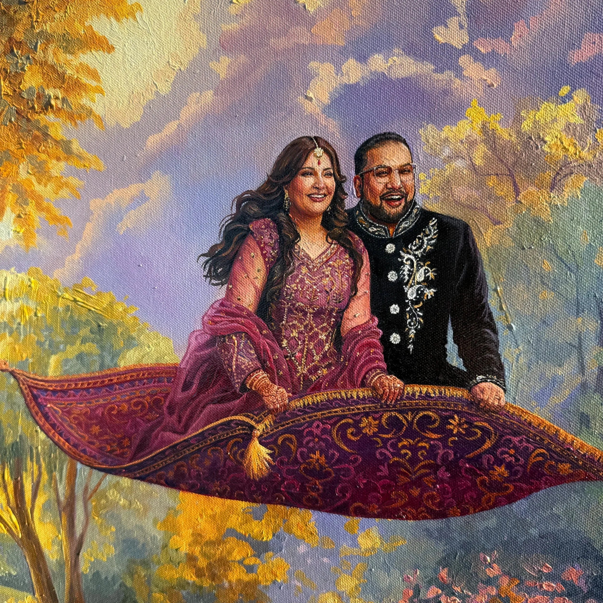 A painting of a couple dressed in traditional Indian attire, standing outdoors with autumn trees and colorful foliage in the background.