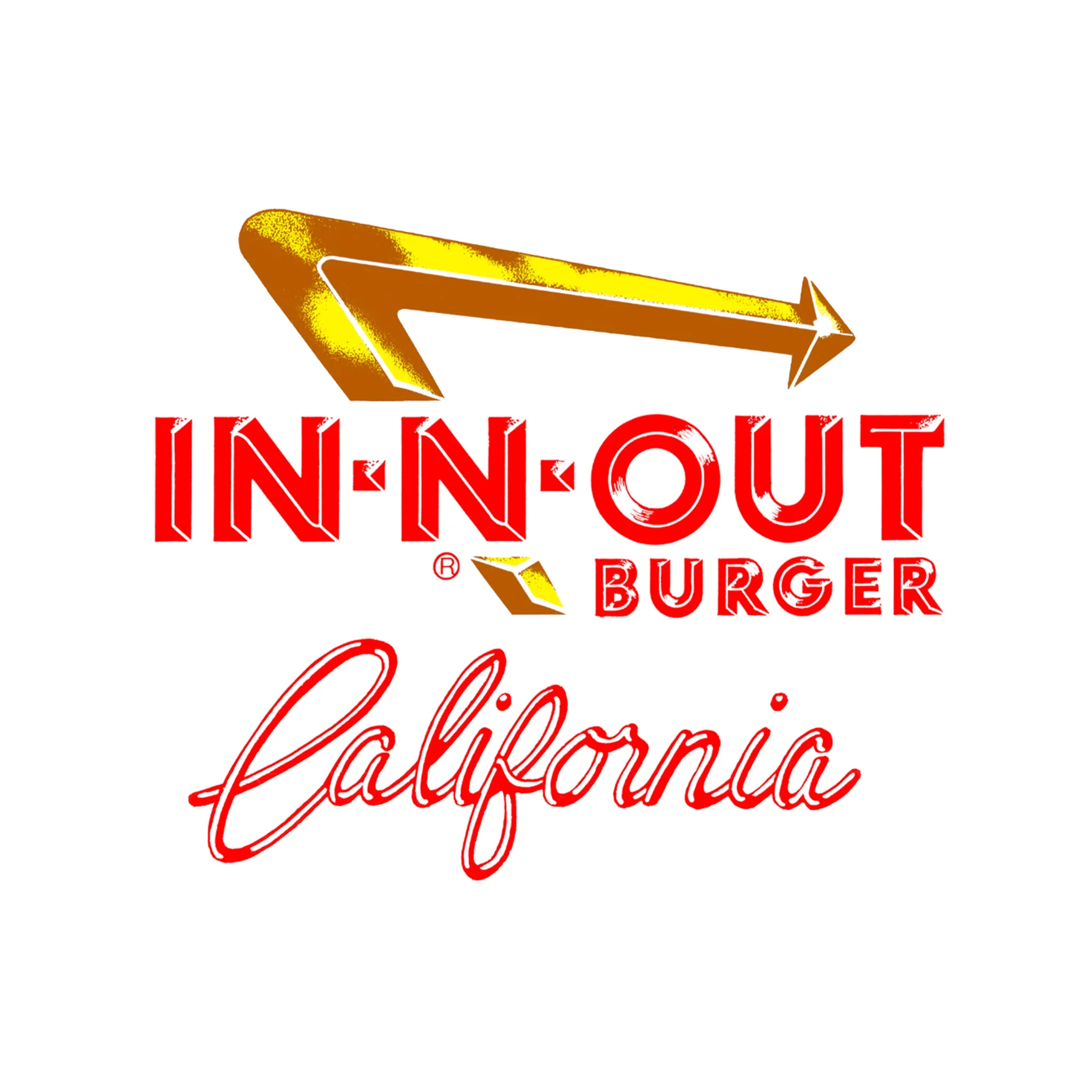 Neon sign with an arrow and the words 'In-N-Out Burger' in red and yellow cursive and block letters.